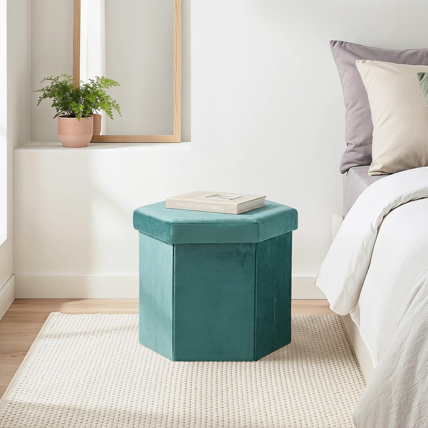 PINPLUS Velvet Hexagon Storage Ottoman, Foldable Footstool with Lid, Upholstered Accent Stool, Soft Seat Foot Rest, 220LBS Capacity for Living Room Bedroom Entryway 16.9 Inches Blue