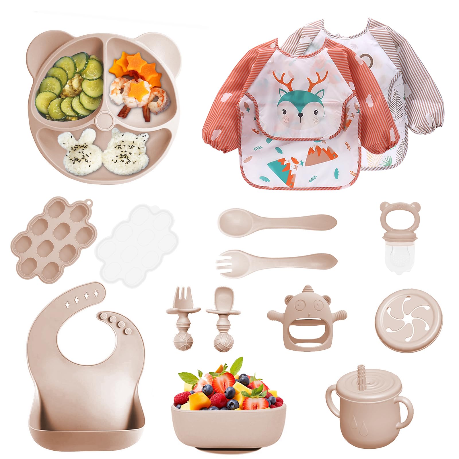 14 pièces Coffret Repas Bebe Silicone, Assiette bebe Set avec Ventouse Assiette Bol Fourche Cuillère Bavoir et Tasse, Enfant Set Couverts Vaisselle Pour Sevrage Manger (Beige)