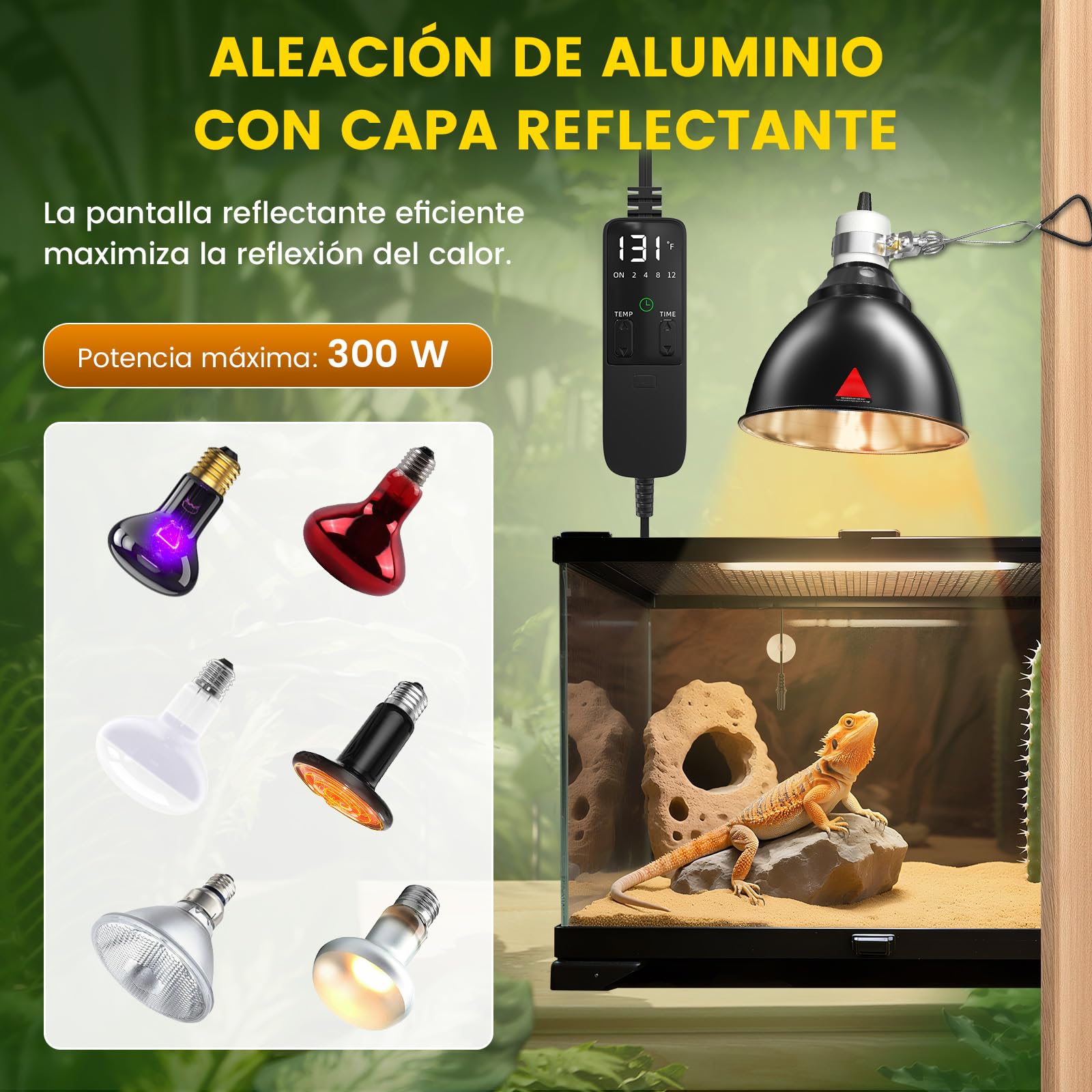 GlowUp Terrario Reptiles Lámpara para Tortuga con Termostato y Temporizador, E27 Lámpara de Reptiles y Anfibios Reptile Dome de 300W para Tortugas, Lagartos y Dragones Barbudos (Bombilla no Incluida)