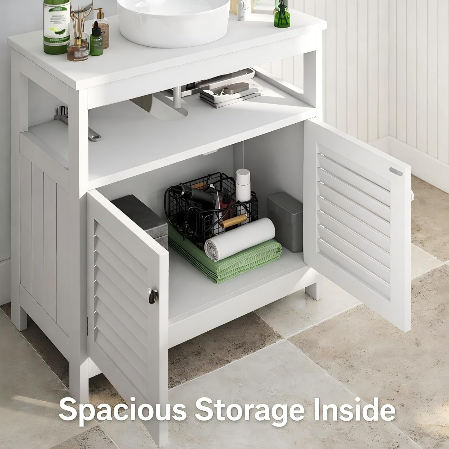 Under Sink Cabinet Pedestal Storage Cabinet with 2 Doors & Open Shelf, U Shape Cut Out Bathroom Vanity Under Sink Storage, Vanities for Toiletries Makeup in Bathrooms (White)