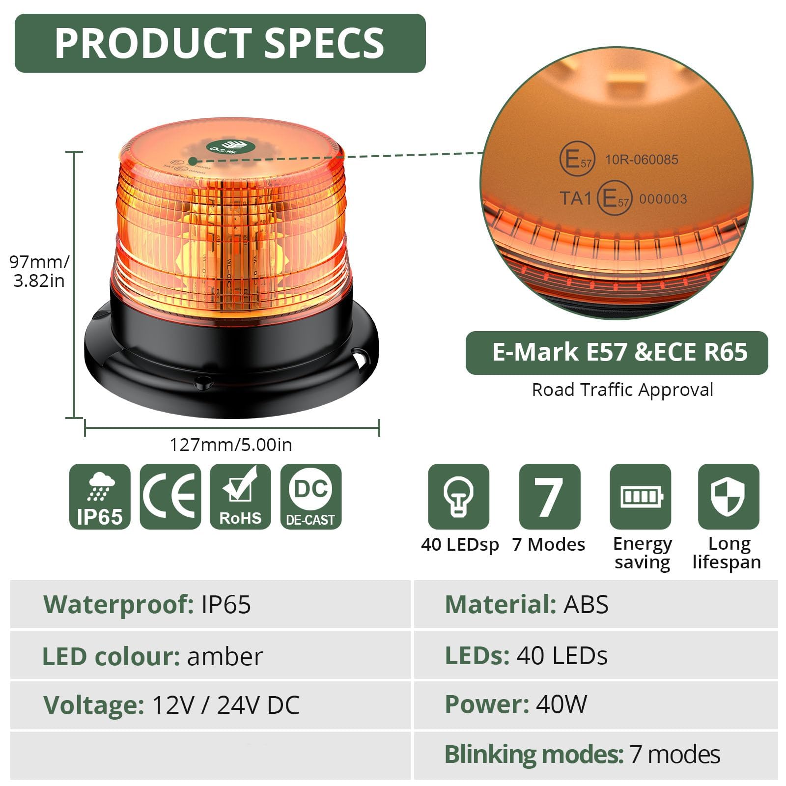 EYPINS Światła ostrzegawcze LED, 40 diod LED, magnetyczne, awaryjne miganie, ostrzeżenie, światło stroboskopowe, do ciężarówki 40 W, 12/24 V, wtyczka do papierosów (bursztynowe)