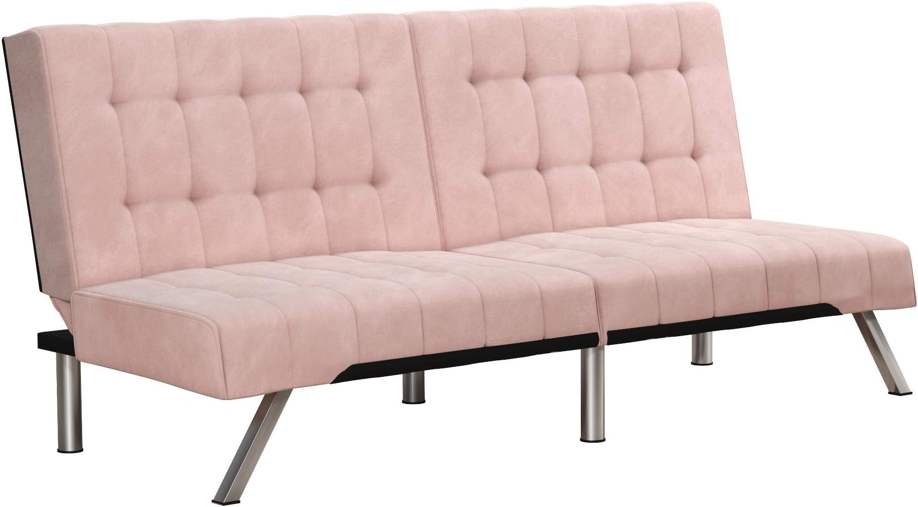 DHP Emily 71 Inch Futon Sofa Bed Fabric, Armless Upholstered Couch Sleeper with Tufted Back and Seat, Mid-Century Modern, Pink Velvet