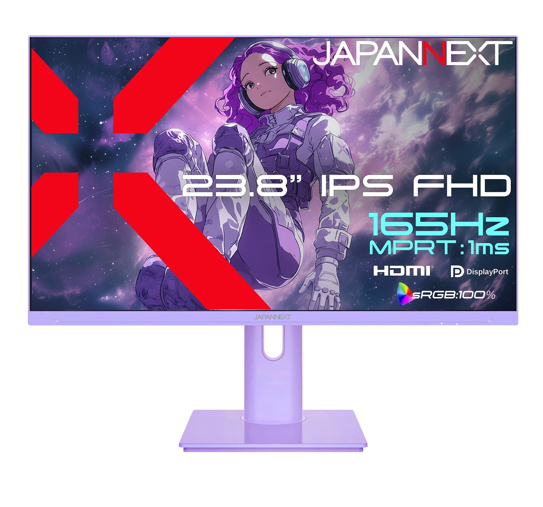 JAPANNEXT Gaming Monitor 23,8" IPS Full HD 165 Hz 1ms Pastelowy fiolet | Regulowana wysokość i nachylenie (HSP) Wbudowane głośniki G-Sync/FreeSync | JN-IPS238G165F-HSP-PP