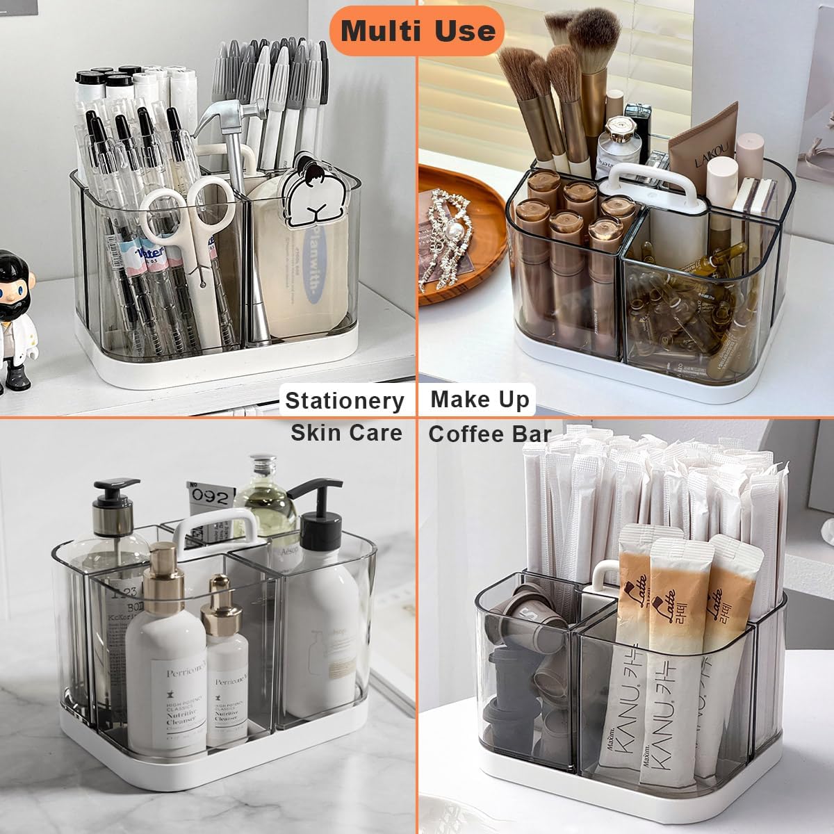 Small Plastic Portable Caddy with Handle, Stackable Pen Holder 4 Compartments, Clear Pencil Organizer for Art Supplies, Crafts, Colored Pencils, Stationery, Markers 1