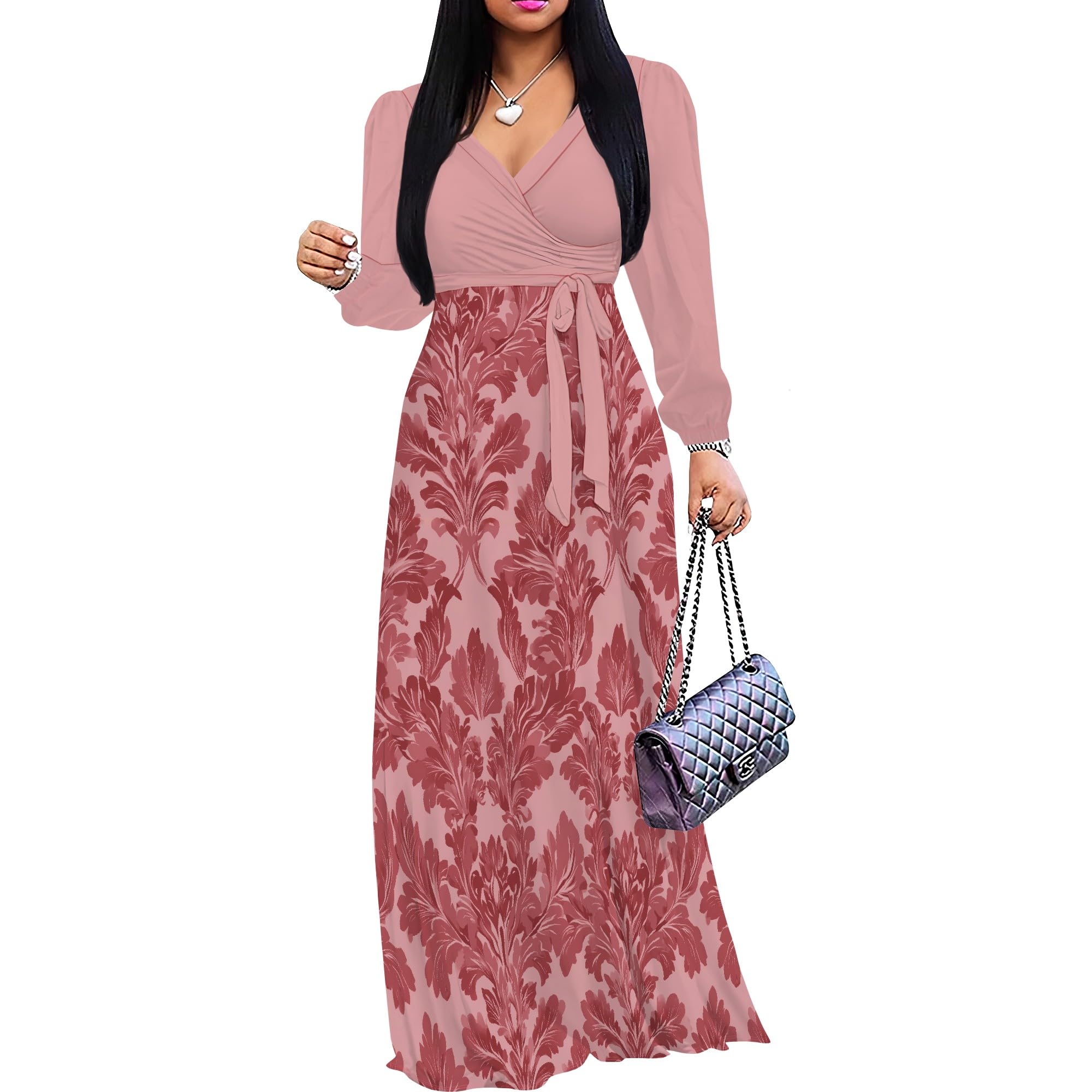 PinkPatty Women's Long Sleeve Maxi Dress Plus Size Trendy Wedding Guest Dress with Pockets&amp;Belt