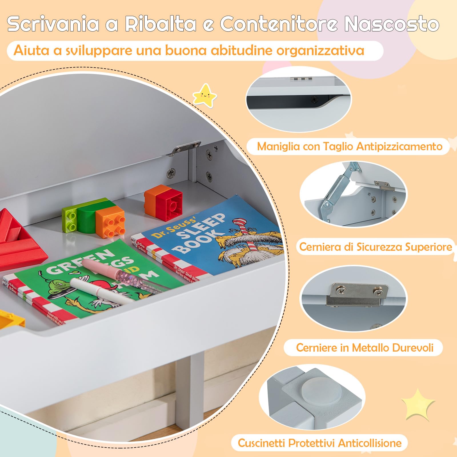COSTWAY Set Tavolo e Sedia d’Arte per Bambini 3+ Anni, Scrivania in Legno di Pino da Disegno con Portarotolo, Piano Ribaltabile & Vano Portaoggetti, Rotolo di Carta (10m) e 2 Pennarelli (Grigio)
