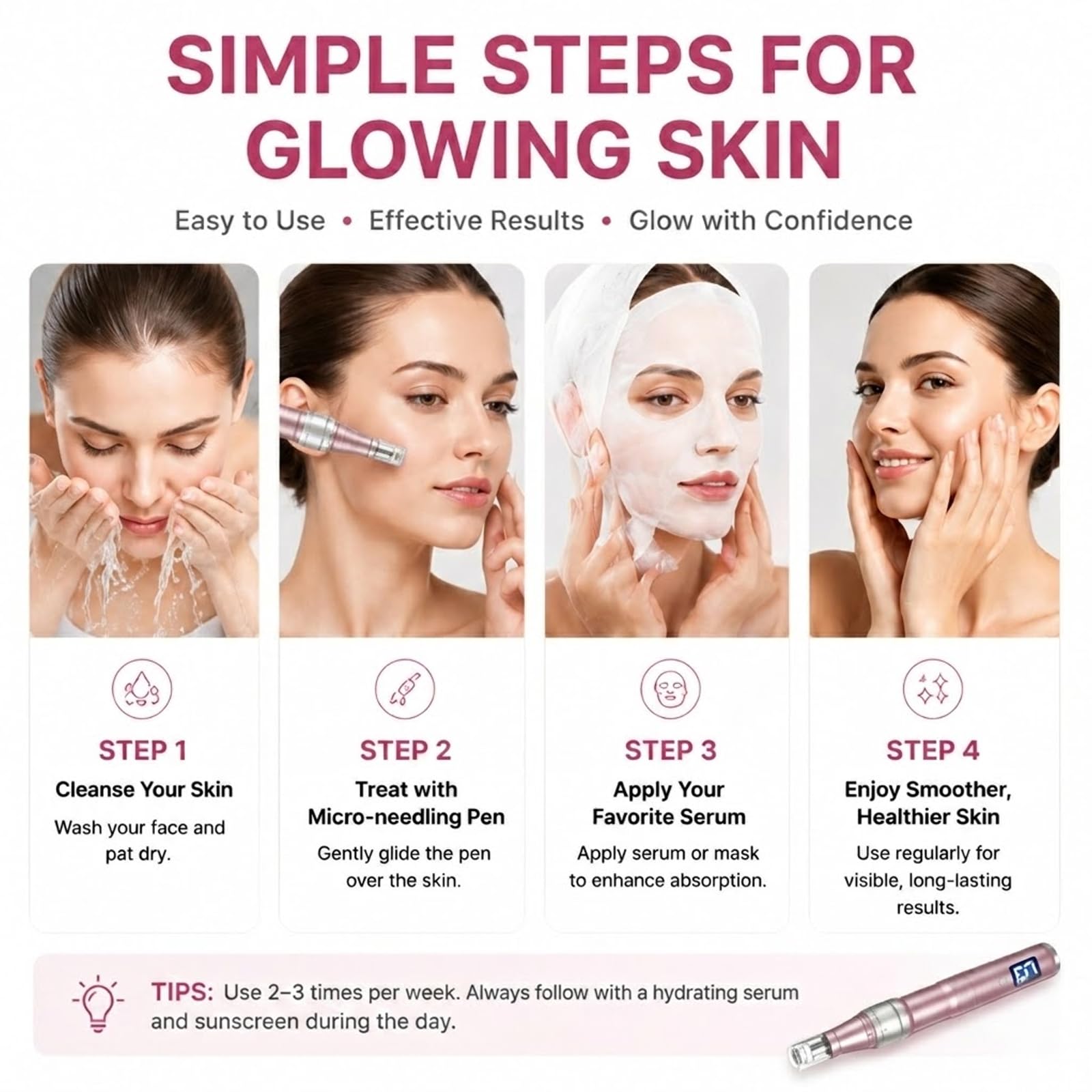 Nano-Kristall Microneedling Pen Elektrisch Wiederaufladbar | mit LCD-Display & 6 Stufen Einstellbare Nadellänge 0-2,5 mm inkl 10 Nadelköpfe für die Hautpflege zu Hause