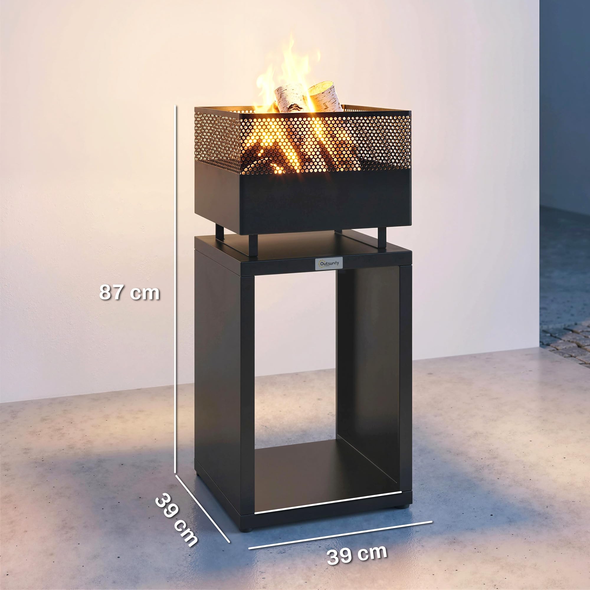 Outsunny Feuerschale mit Holzlager Kohlegitter 39 x 39 x 87 cm Schwarz | Feuerstelle, Verstellbaren Füßen, Feuerschalen Feuerkorb, für Garten Balkon Terrasse, Outdoor BBQ Camping