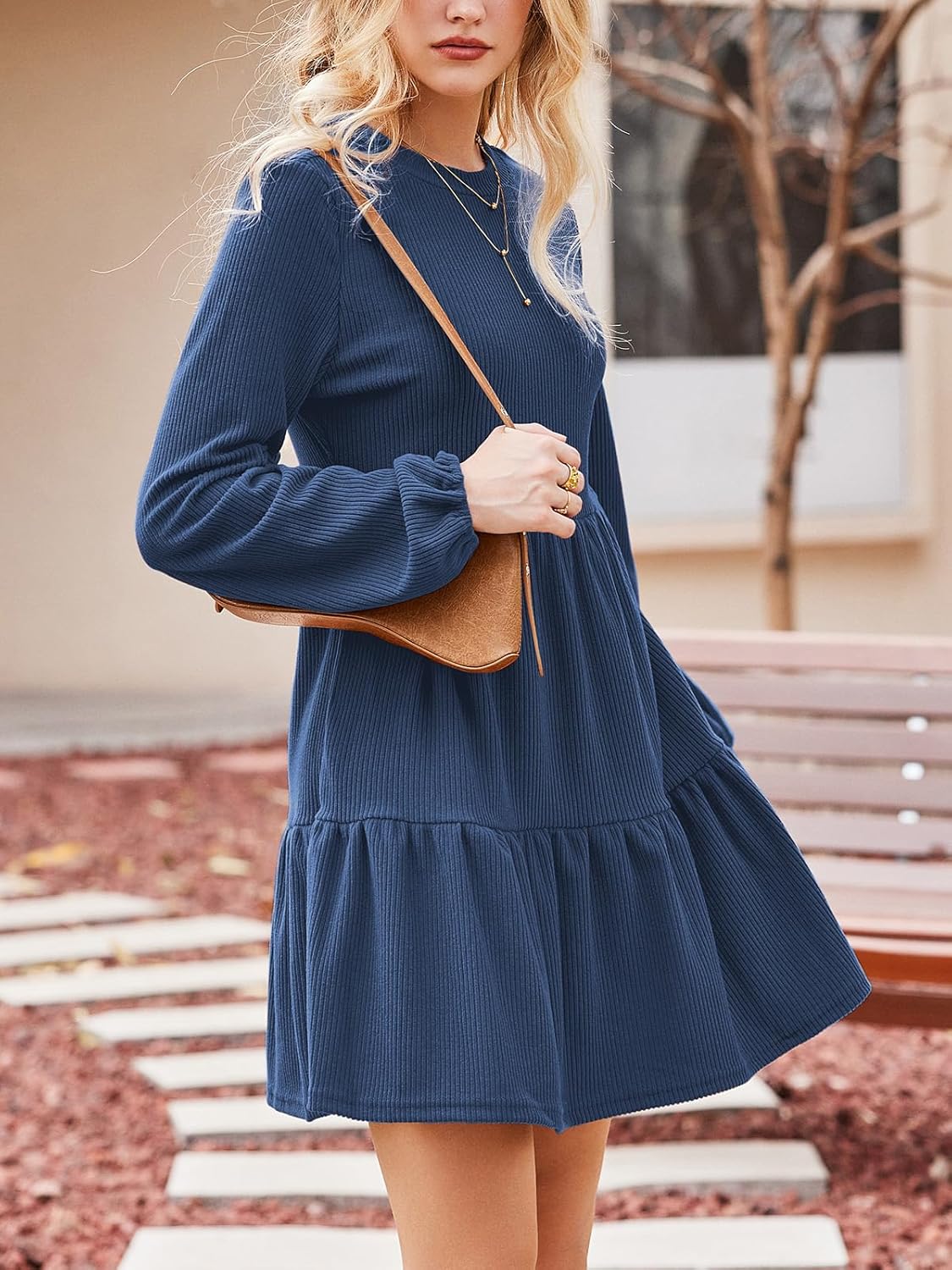 CUPSHE Women's Mini Fall Dresses Knit Casual Long Sleeve Crew Neck Flowy Tiered Ruffled Short Sweater Dress - Image 5