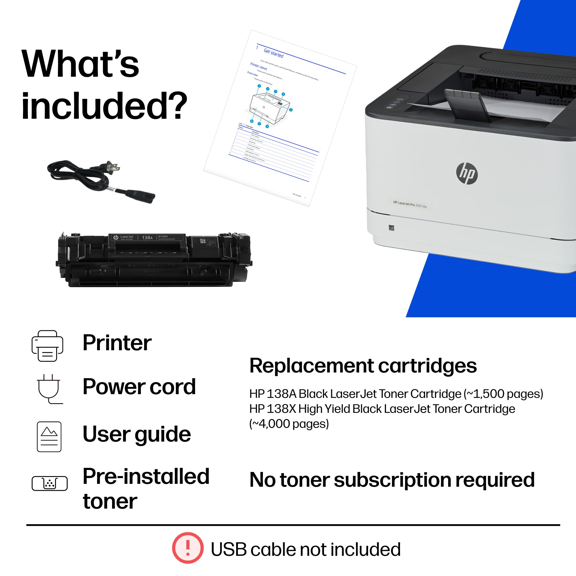 HP LaserJet Pro 3001dw Wireless Black & White Printer, Best-for-Office (3G65OF)