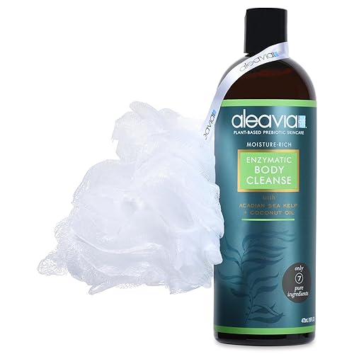 Aleavia Limpieza corporal enzimática con lufa Poof - Prebiótico orgánico y totalmente natural sin fragancia, gel de baño vegano - Limpiador corporal