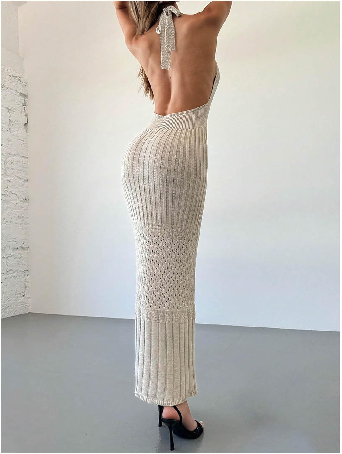 SOLY HUX Women's Crochet Knit Halter Dress Deep V Neck Sleeveless Tie Backless Bodycon Long Dresses - Image 3