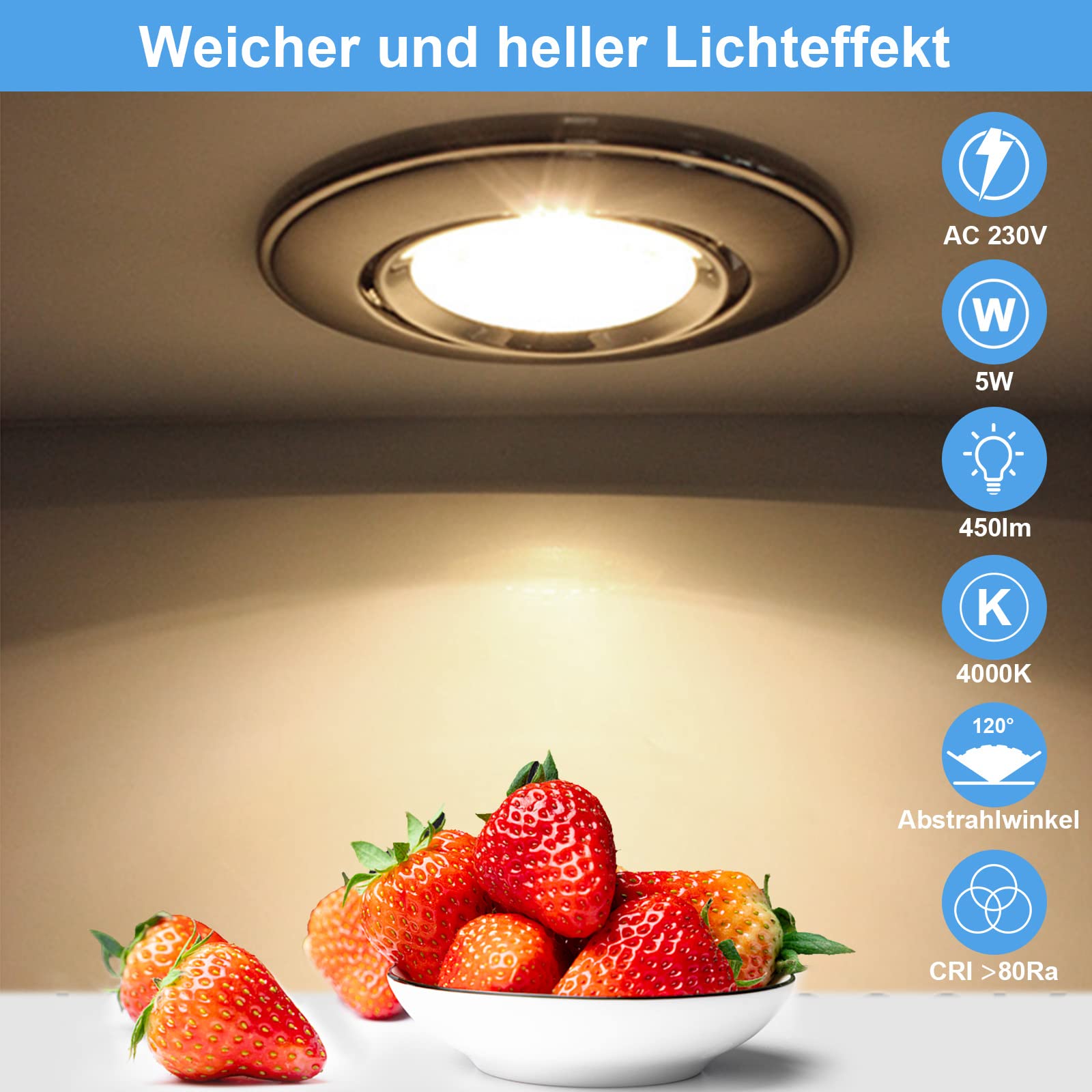 HiBay 4er Set LED Spot Einbaustrahler 230V GU10 5W 68mm Einbauspots Rund Einbauleuchten Edelstahl gebürstet Neutralweiß für Wohnzimmer Schlafzimmer Küche