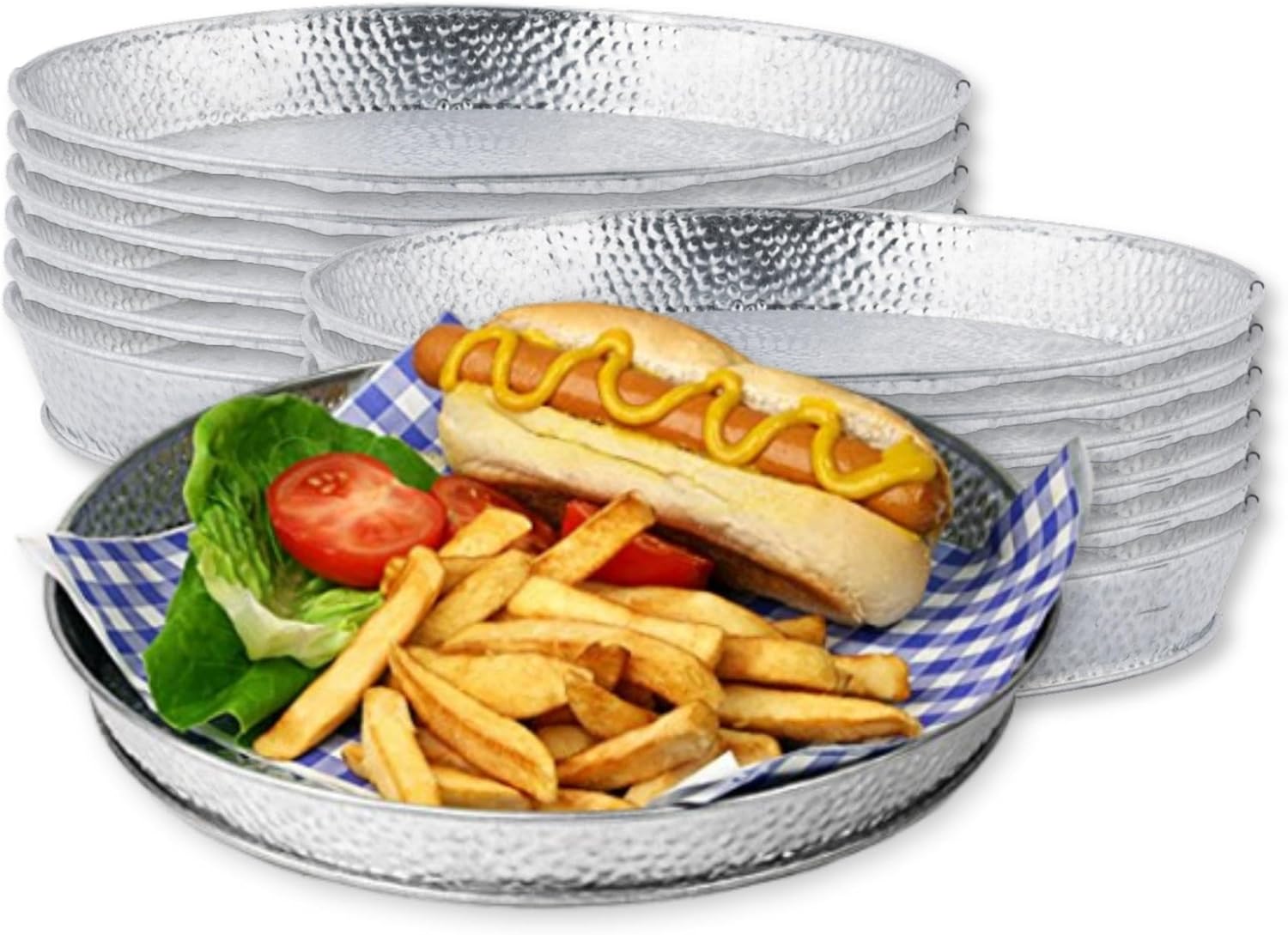 Tablecraft Galvanized Round Serving Trays, Steel Metal Dinner Food Platter, Silver Pebble Textured, Casual Style Plates for Restaurant, Patio, Indoor Outdoor Use, Reusable, Unbreakable, 8.5", 12 Pcs