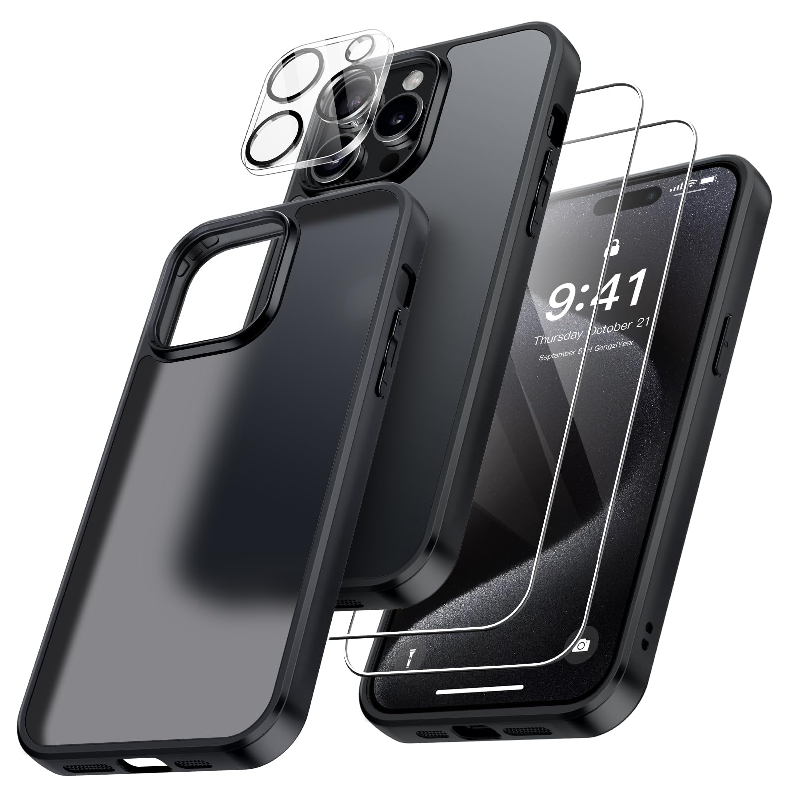 FLLAO 4 en 1 Coque pour iPhone 15 Pro avec 2 Verre Trempé et 1 Caméra Protecteur