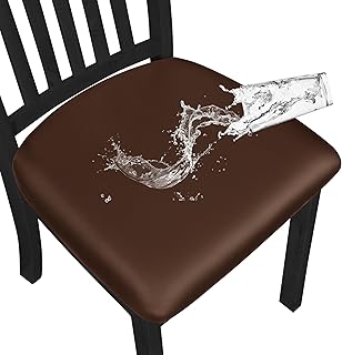 Easy-Going Waterproof PU Leather Seat Covers for Dining Room Chairs Set of 4, Stretch Fit Removable Chair Seat Protector Slipcovers with Elastic Band, Coffee