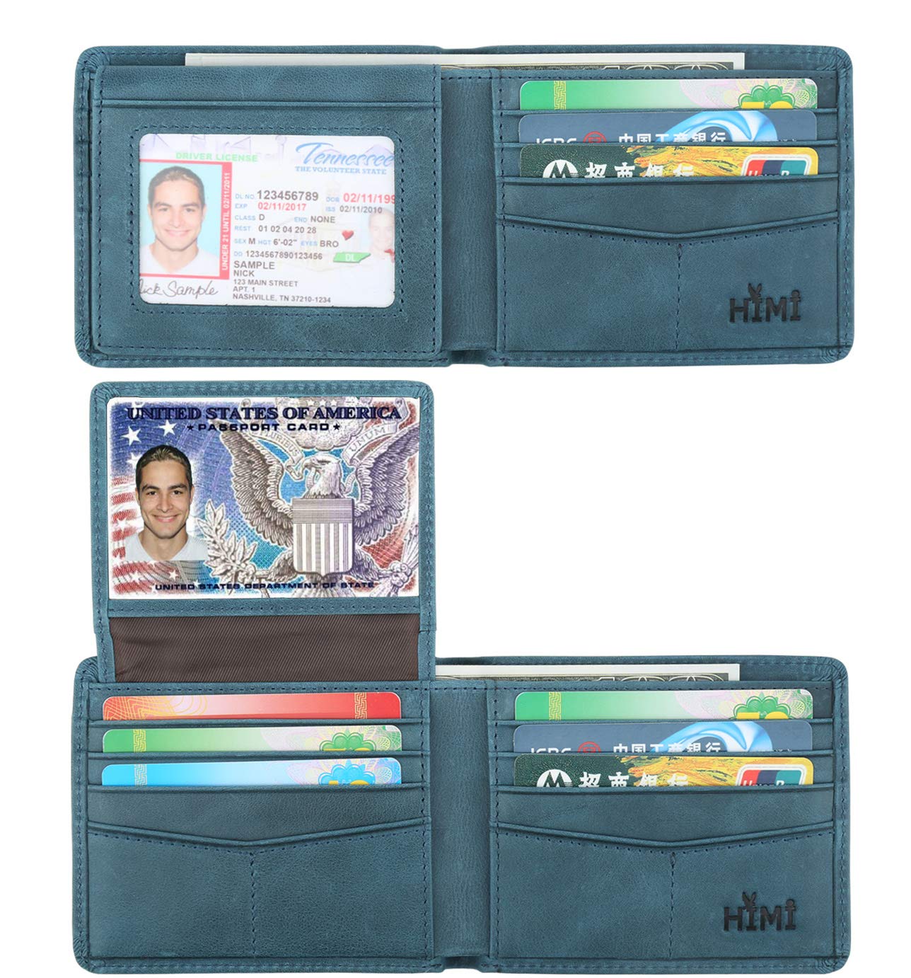 HIMI Wallet for Men-Genuine Leather RFID Blocking Bifold Stylish Wallet With 2 ID Window Ocean Blue Vintage Style
