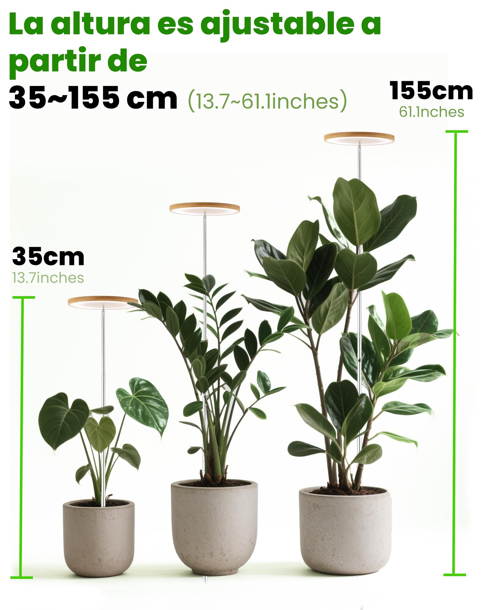 Lámpara de crecimiento LED espectro completo, ajustable 35-155cm, Temporizador 8/12/16h, 10 niveles, Cable 4m, 5V, Negro, 2PCS