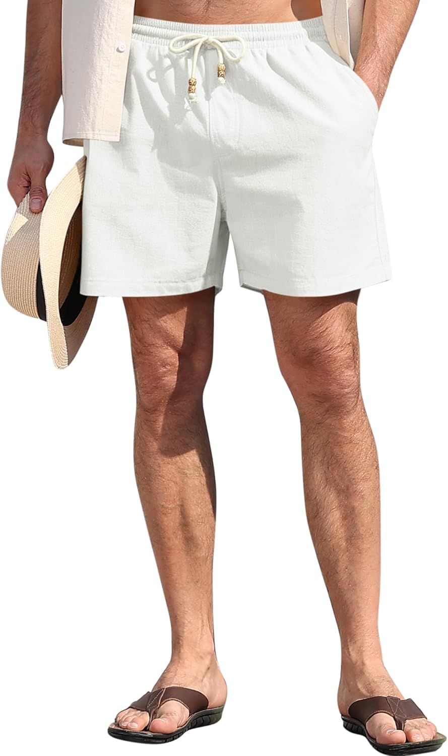 Men's Cotton Linen Shorts - 5" Inseam Casual Shorts with Drawstring Elastic Waistband for Summer Beach Vacation & Golf - Image 2