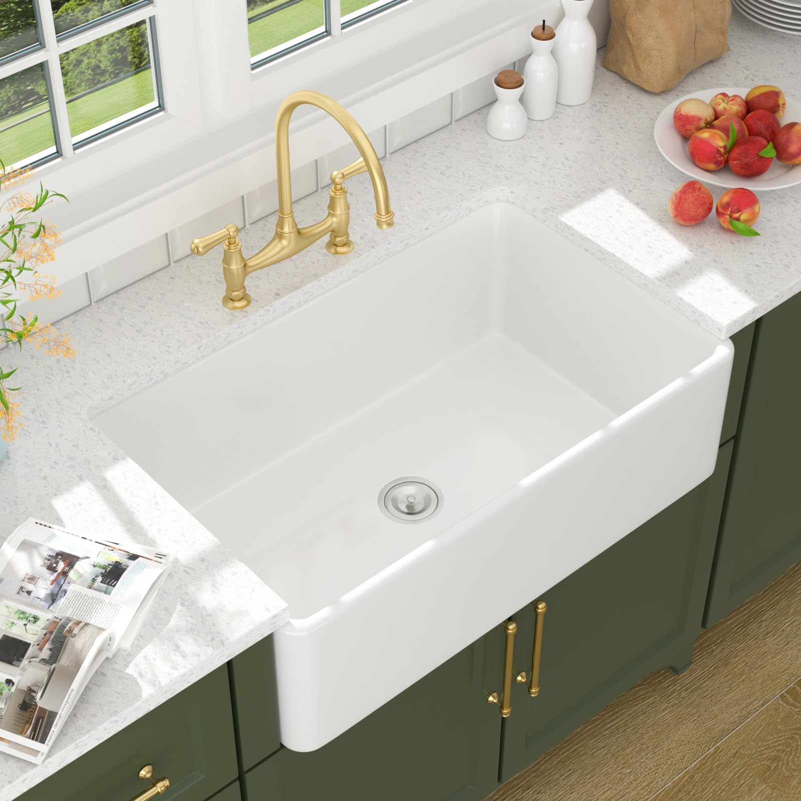 Lordear Fregadero de cocina blanco de 33 x 20 pulgadas, delantal, arcilla refractaria, cerámica, porcelana, reversible, de una sola taza, fregaderos de cocina de granja