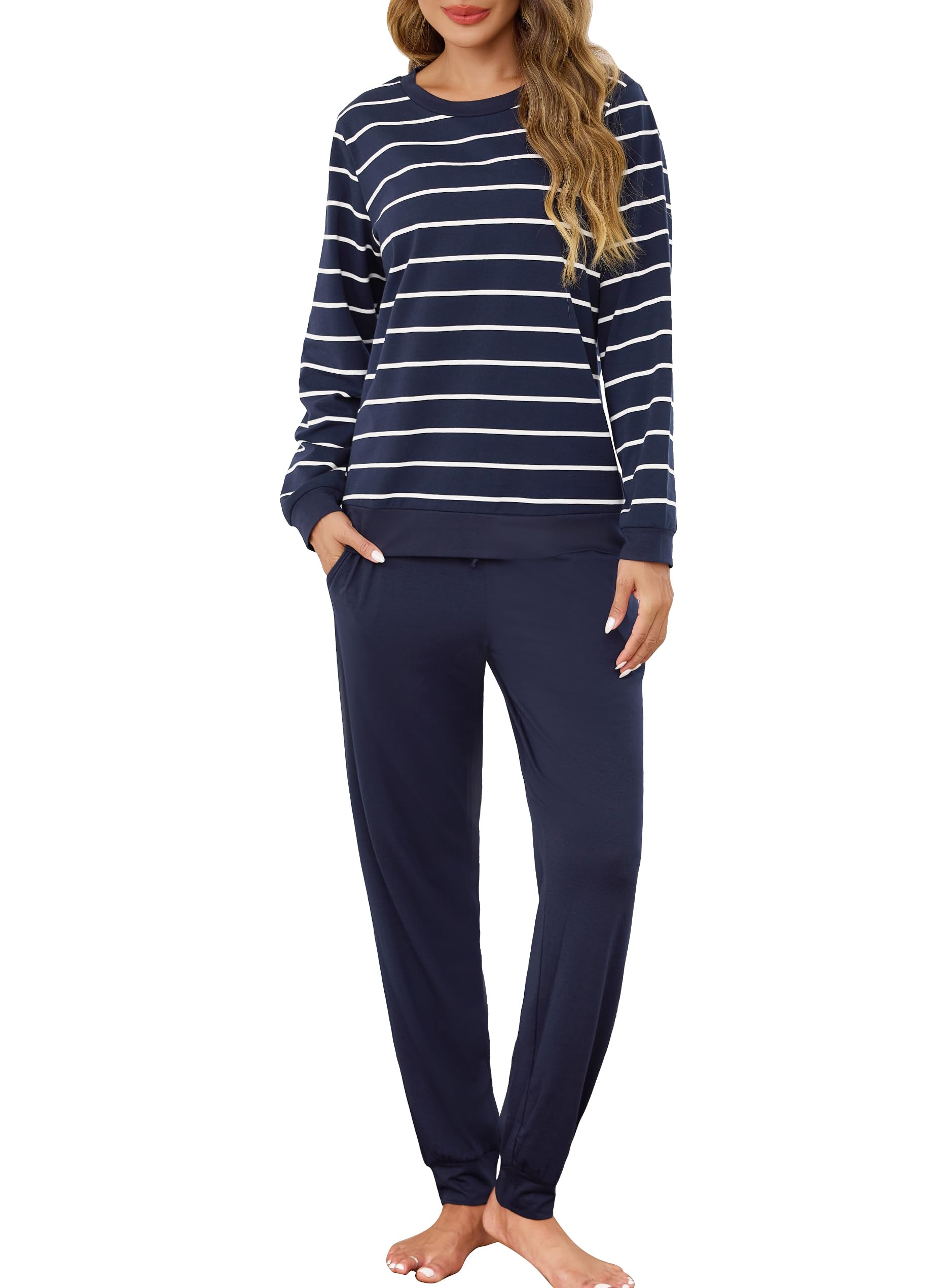 Lovasy Katoenen pyjama voor dames, winterpyjamaset, warm, lange mouwen, tweedelig, licht, met ronde hals, casual, slaapkleding met zakken, S-XXL, Blauw, XXL
