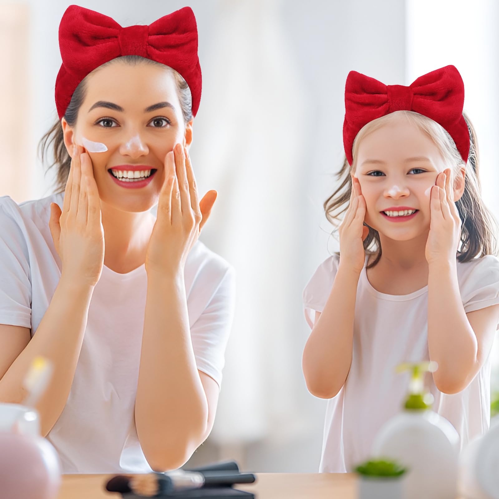 Ondder Diadema de spa para lavarse la cara, paquete de 8 diademas rojas para el cuidado de la piel para mujeres y niñas, lindas diademas de maquillaje con lazo