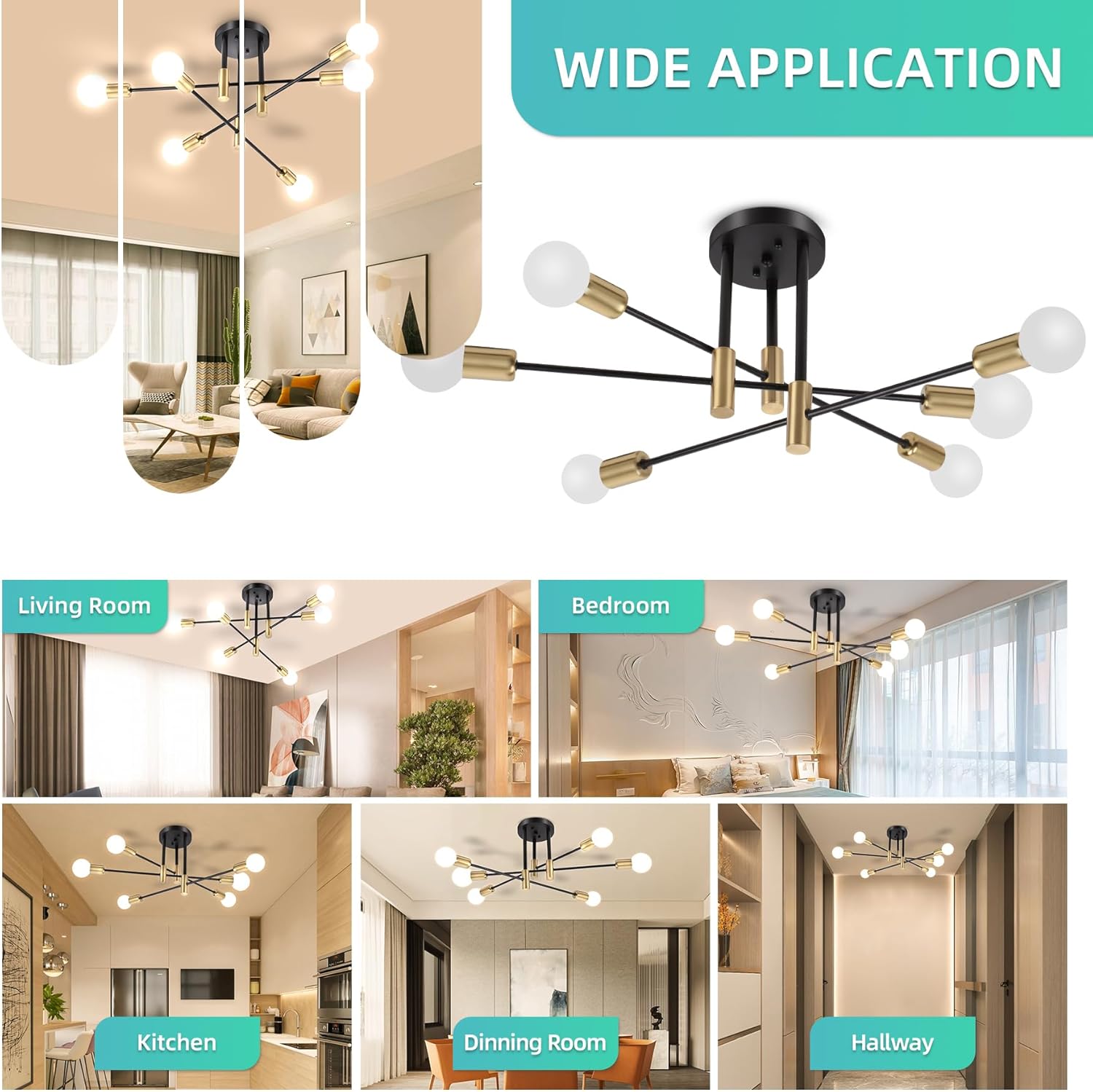 CANMEIJIA Sputnik Chandelier Modern Ceiling Light Fixture with 6 Lights Black Gold Mid Century Mount Ceiling Lights Fixture for Bedroom, Dining Room, Living Room, Kitchen, E26 Base, Bulbs Not Included