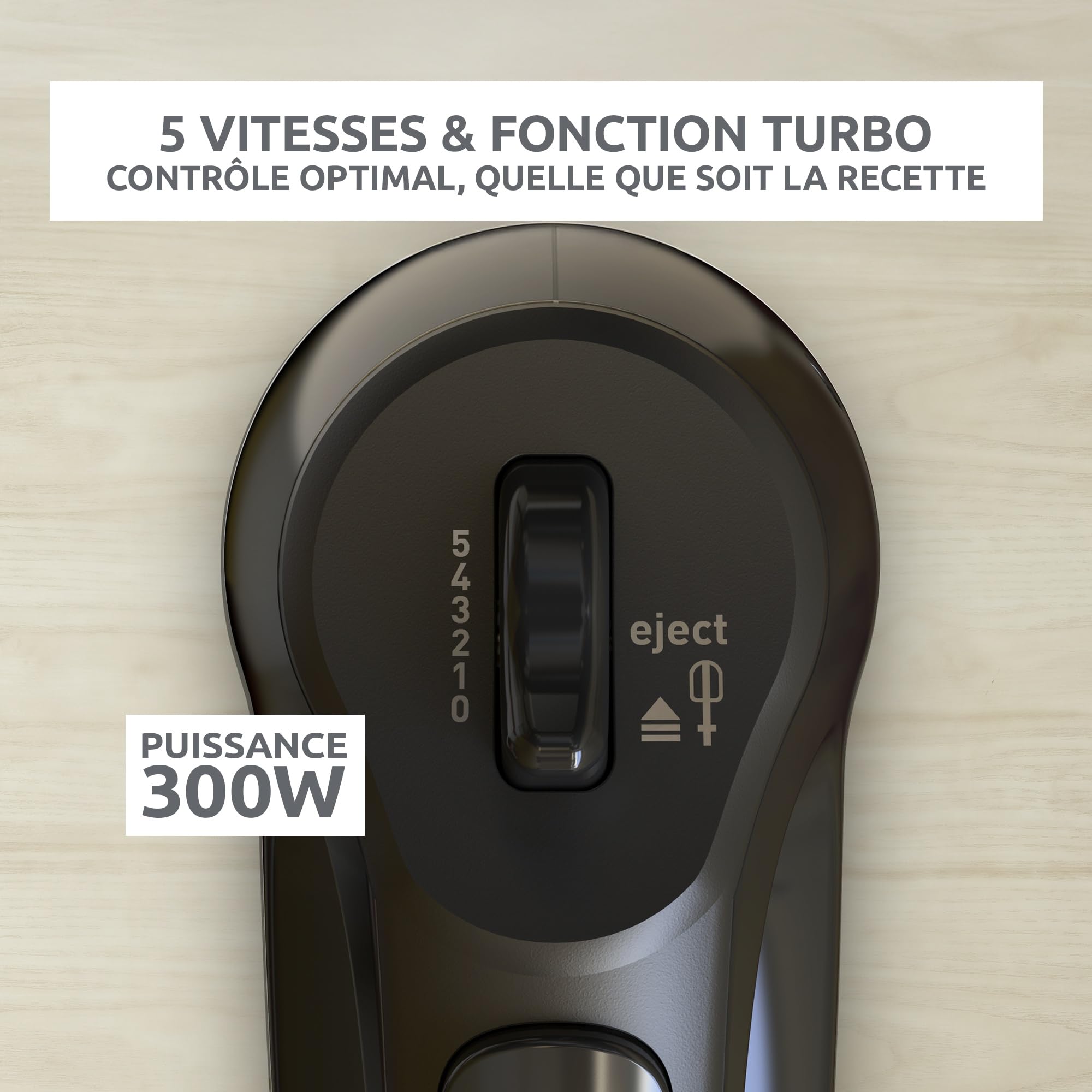 Moulinex Quick Mix, Batteur à main, 300 W, Fouets et crochets pétrisseurs en acier inoxydable, Poignée ergonomique, 5 vitesses réglables + Pulse, Compact, HM3108B1, Noir