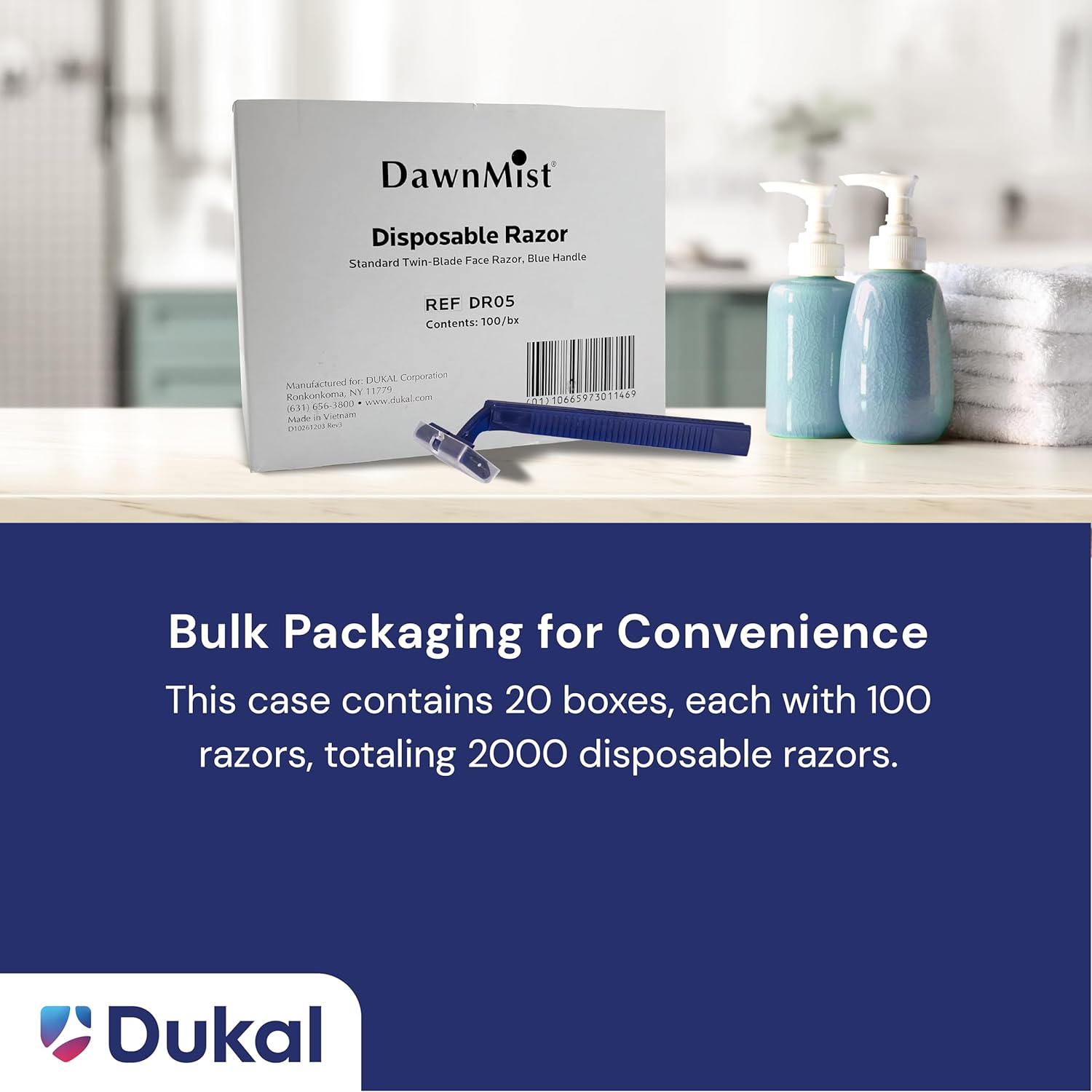 Dukal DR05 Dawn Mist Standard Disposable Razor, Twin-Blade, Blue Handle, Pack of 2000