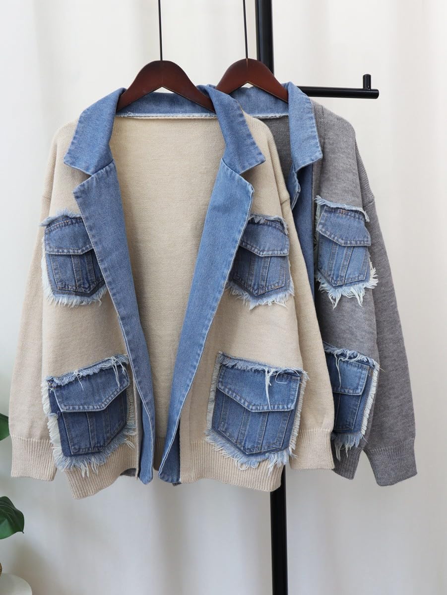 Tbahhir Women's Denim Patchwork Sweater Cardigan Open Front Chunky Knit Outwear Casual Jacket Coat with Pockets - Image 5