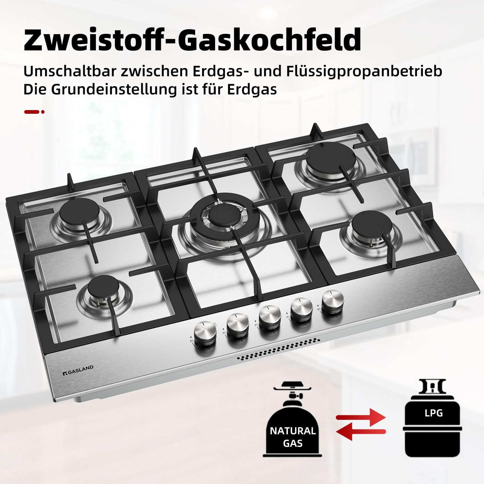 GASLAND GH2705SS1FC 76 cm Piano cottura a gas da incasso in acciaio inox, 5 fuochi con bruciatore wok, compatibile con GPL e gas naturale, 10400 Watt - Vista 4