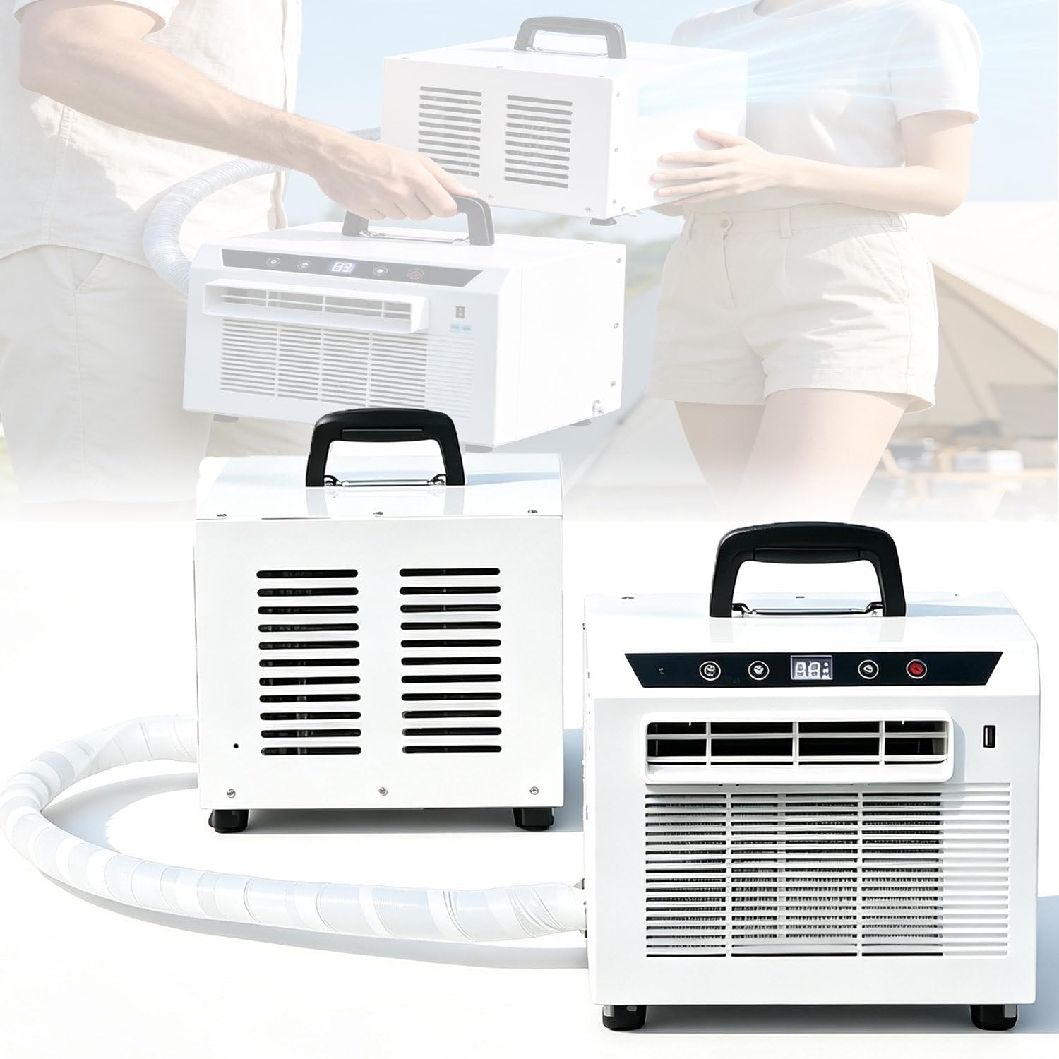 GTANND 3000 BTU portable split air conditioner, mobile AC with outdoor unit for 6–8 m² rooms, room cooler with 12-hour timer, remote control, and touch panel. 2meters