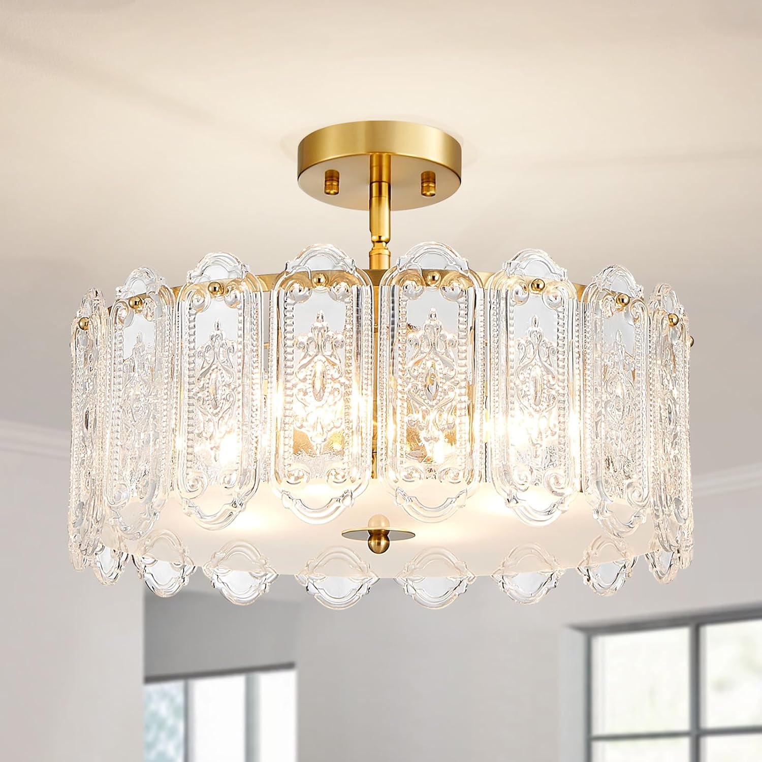 4-Lights Luxury Glass Chandelier, Mid-Century Modern Style for Dining Room, Living Room, Bedroom, D16.5'' × H10.6'', Adjustable Height (10.6"~51.4"), Gold Finish Frame & Figured Glass Shade