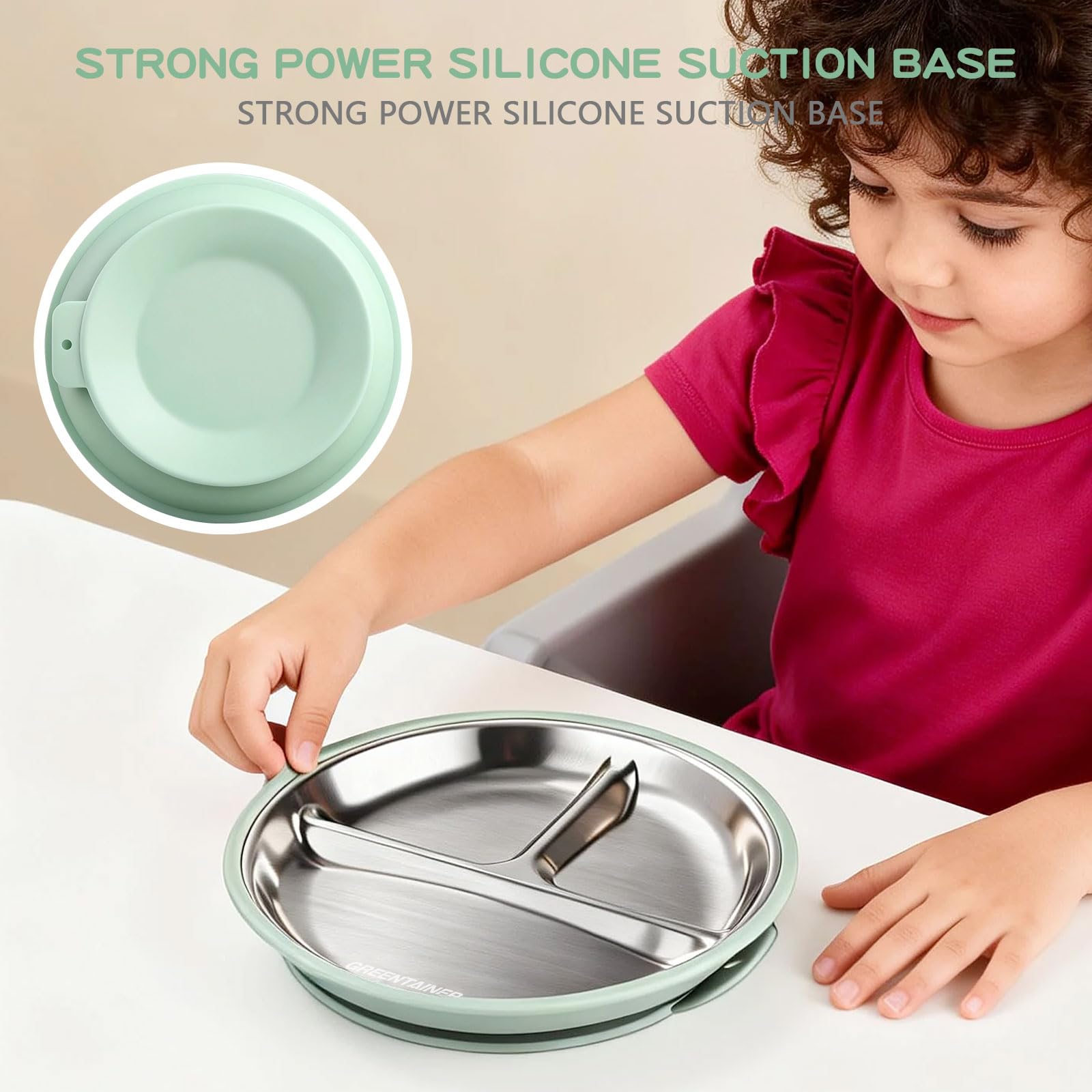 Greentainer Lot de 3 assiettes en acier inoxydable, assiette divisée en silicone avec base adhésive, ustensiles pour tout-petits pour l'alimentation du bébé, sevrage à la demande du bébé, réutilisable