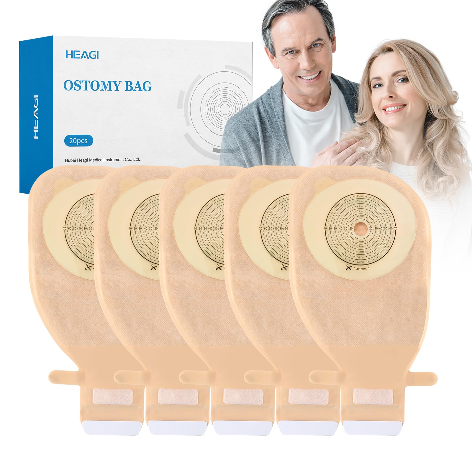 20 Stück Kolostomiebeutel für Stomas, Kolostomiebeutel, einteilig, mit Haken- und Schlaufenverschluss, für Stoma-Pflege Ileostomie, zugeschnitten auf Größe (15 – 70 mm)