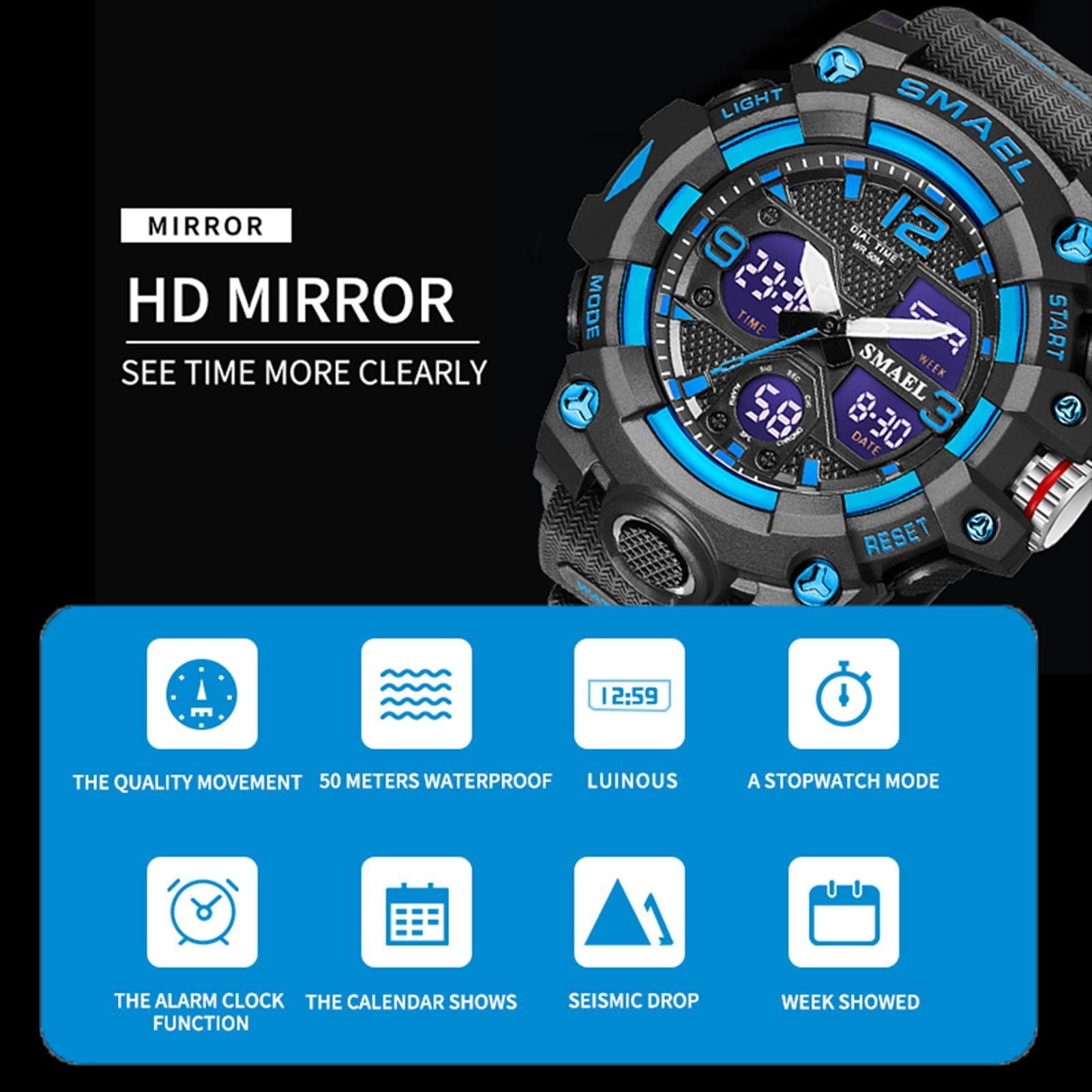 Montre Homme Numérique Analogique Sport Grand Visage Montres Homme Militaire Chronomètre 50M Etanche Multifonctionnel Montre