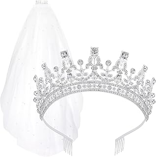 Pearl Veils for Brides, Pearl Veil and Tiara Set for Bachelorette Party Decorations, Pearl Wedding Veil Bridal Veils for Wedding, Bachelorette Veil for Bride, Wedding Crown for Bride