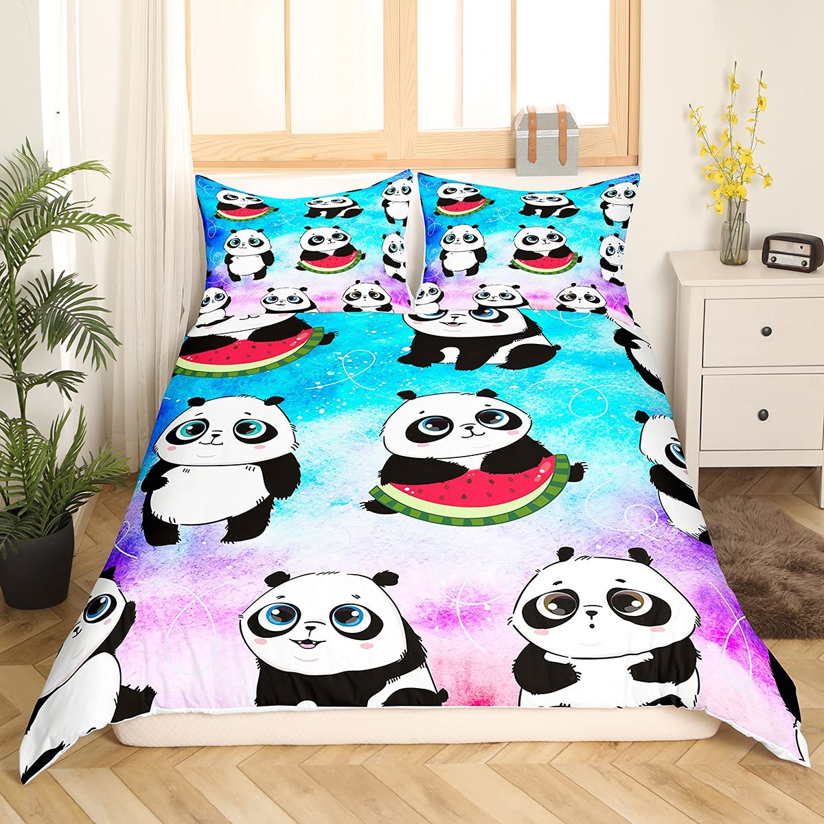 Panda Duvet Cover Galaxy Bear Bedding Set for Kids Boys Girls Cute Wild Giant Panda Comforter Cover Bear Outer Space Decor Bedspread Cover with 1 Pillowcases 2Pcs Bedding Single