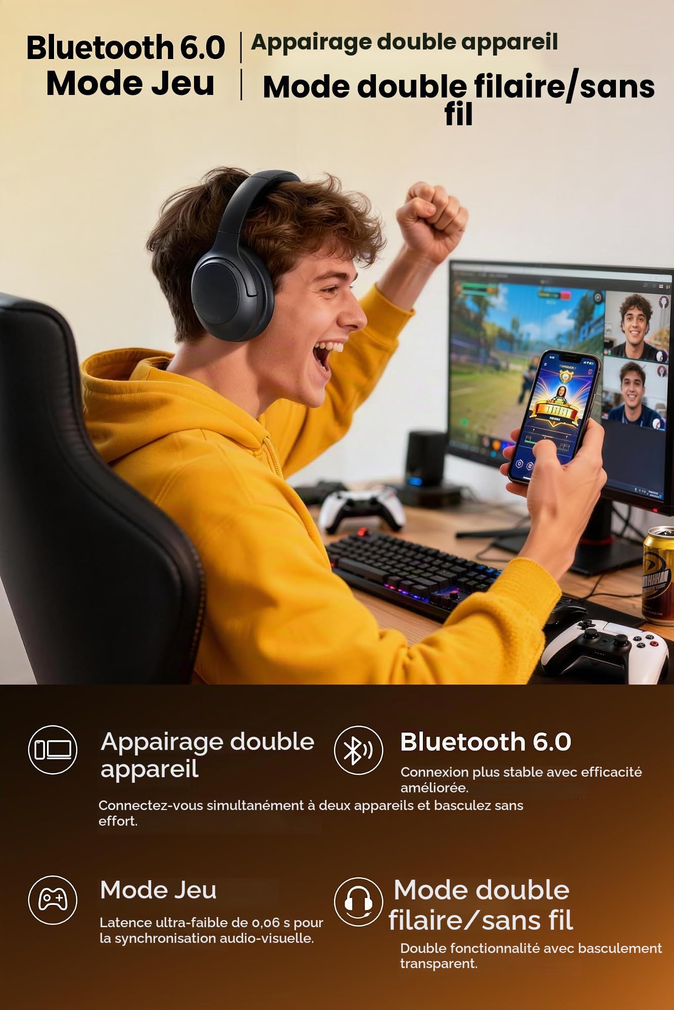 SoundPEATS Cove Pro Casques Réduction de Bruit Hybride, Son Hi-Res LDAC, Pliables, 7 micros pour appels clairs, autonomie de 95 Heures, Confort et polyvalence Filaire/sans Fil