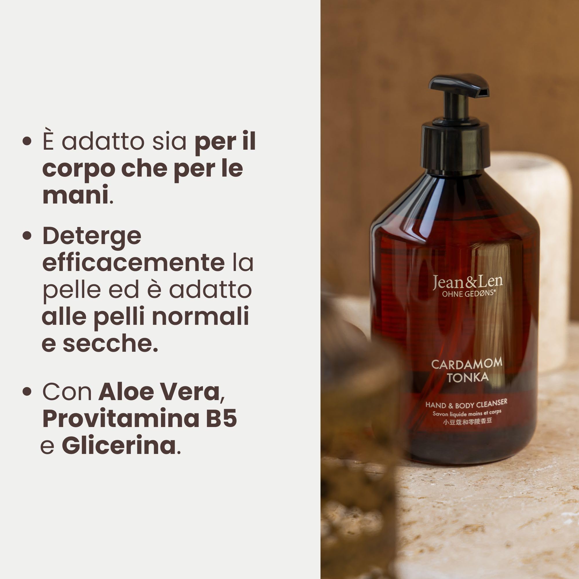 Jean & Len Hand & Body Cleanser Cardamom & Tonka in busta ricarica, per un'esperienza di pulizia profumata, profumo esotico e speziato, sapone liquido in confezione ricarica, vegano, 1,5 L