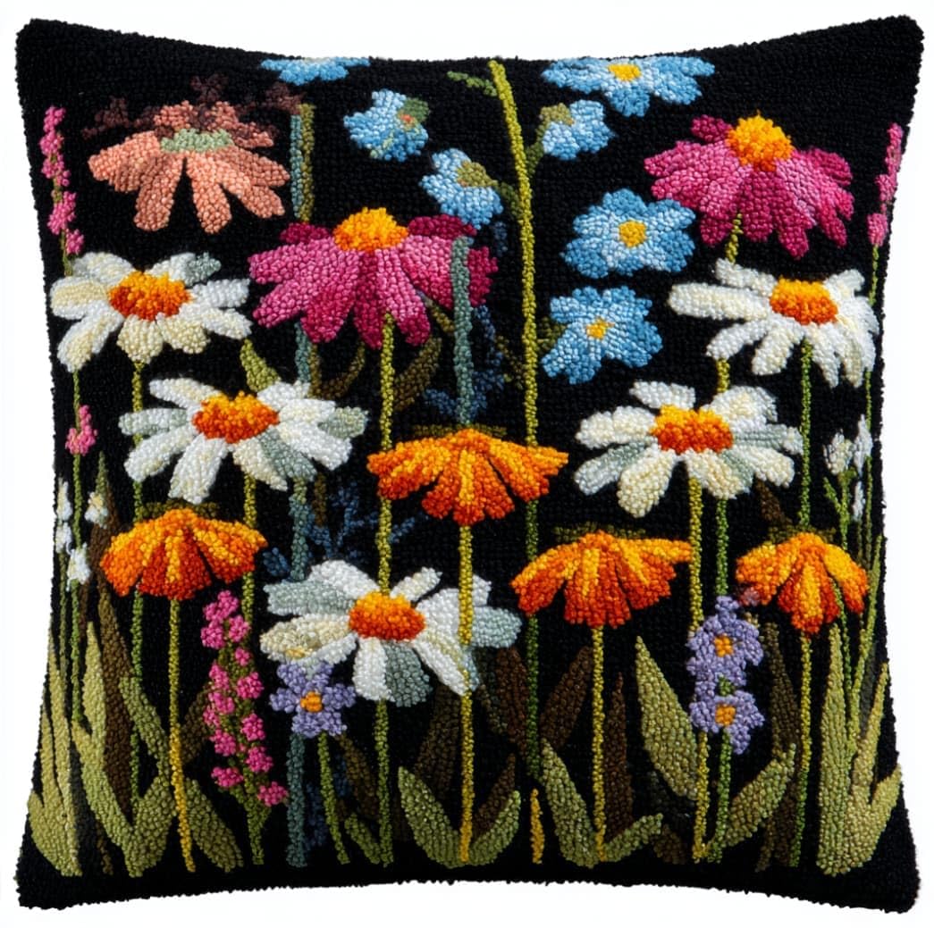 WallustrioaW DIY Latch Hook Pillow Kit,Sunflower Pillowcase Kits Embroidery Kits 17X17 Inch DIY Needlework Pillow Cover Sofa Cushion Rug Making