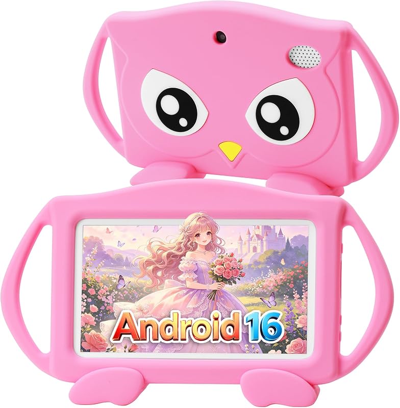 Trayoo Kids Tablet, Android 16 7'' Toddler Tablet for Kids with 4GB RAM 32GB ROM, Parent Control, Pre-Installed Offline Educational Contents, Shock-Proof Case (Pink)