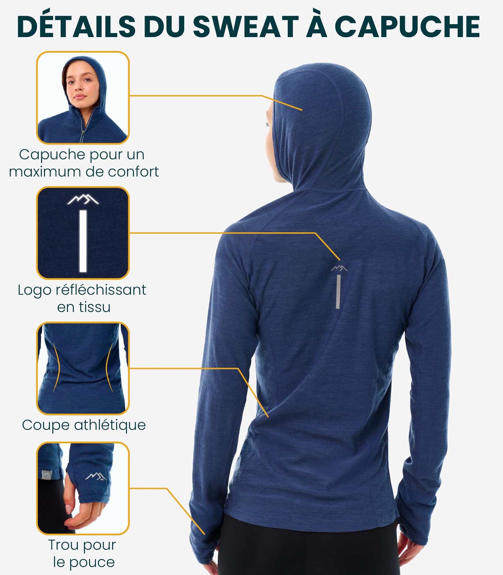 Merino.tech Сapuche Pull Mérinos Femme - Coupe Ajustée 100% Laine Merinos sous Vetement Femme et Сhaussettes