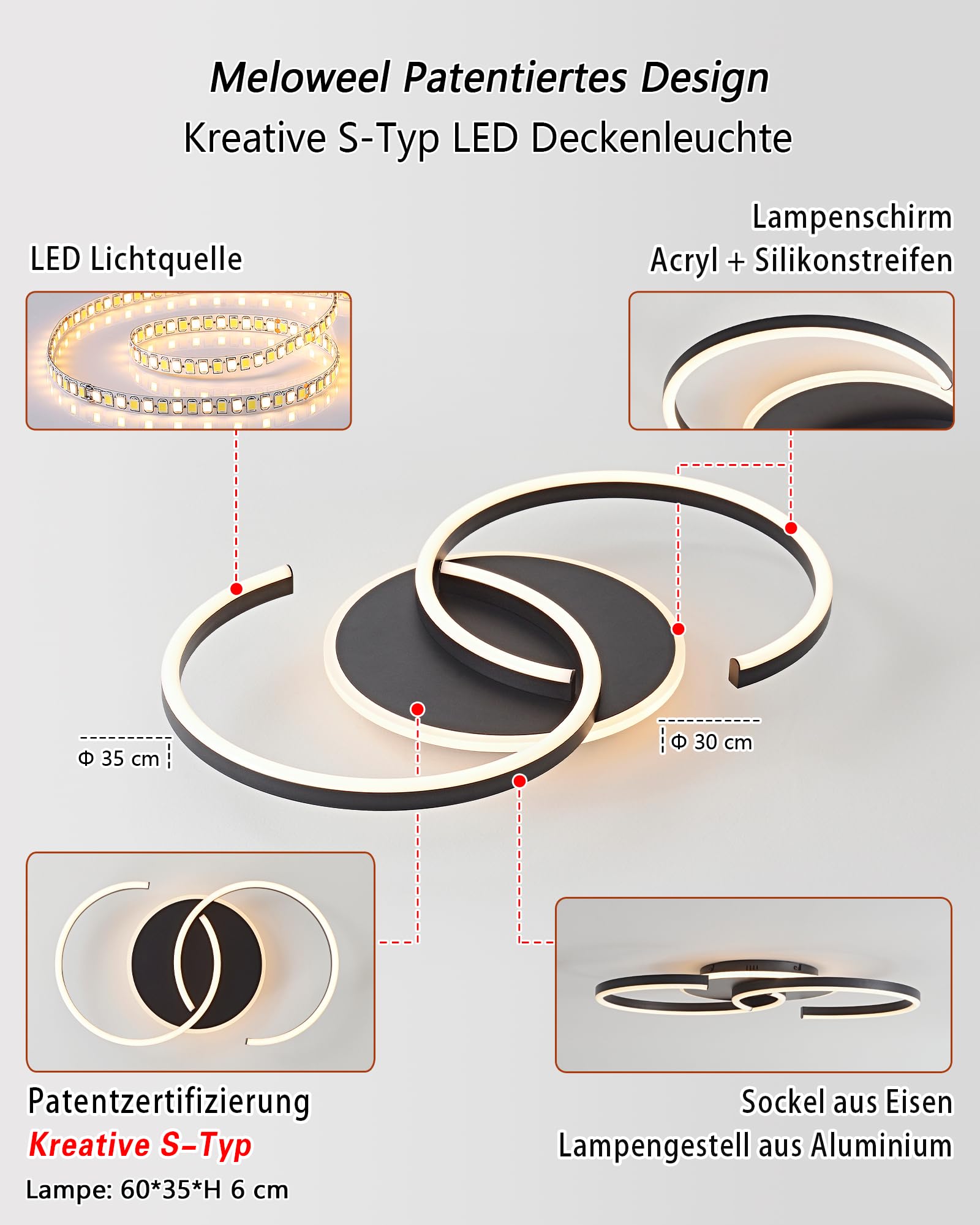 LED Deckenleuchte Dimmbar schwarz „S“ Typ, 60cm 40W Farbtemperatur 3000-6000K, Helligkeit 4-40W, Mit Fernbedienung/Mobile APP, Für Wohnzimmer, Groß Schlafzimmer, Mit Memory-Funktion, 4W Nachtlicht