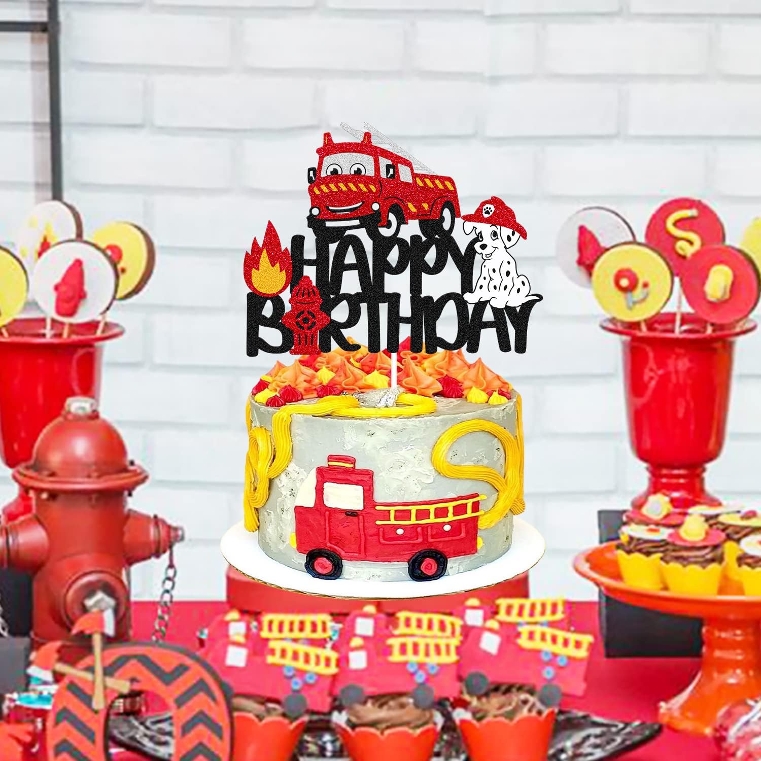 Firetruck Birthday Cake Topper Fireman Firefighter Theme Kids Boy Man Happy Birthday Party Cake Decoration Fire Truck Birthday Party Supplies Glitter Black
