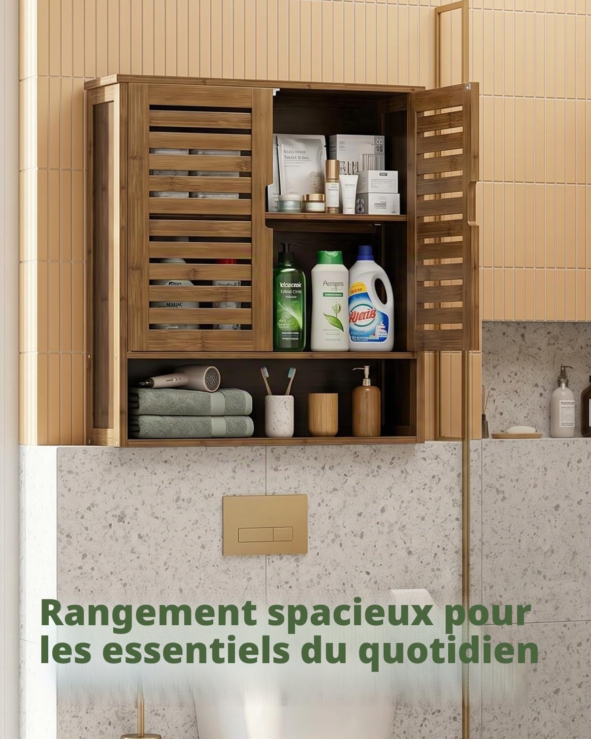 SMIBUY Armoire de Salle de Bain Murale, Organisateur de Rangement en Bambou au-Dessus de la Cuvette, Armoire à Pharmacie Gain de Place avec 2 Portes et étagères réglables (Noyer)