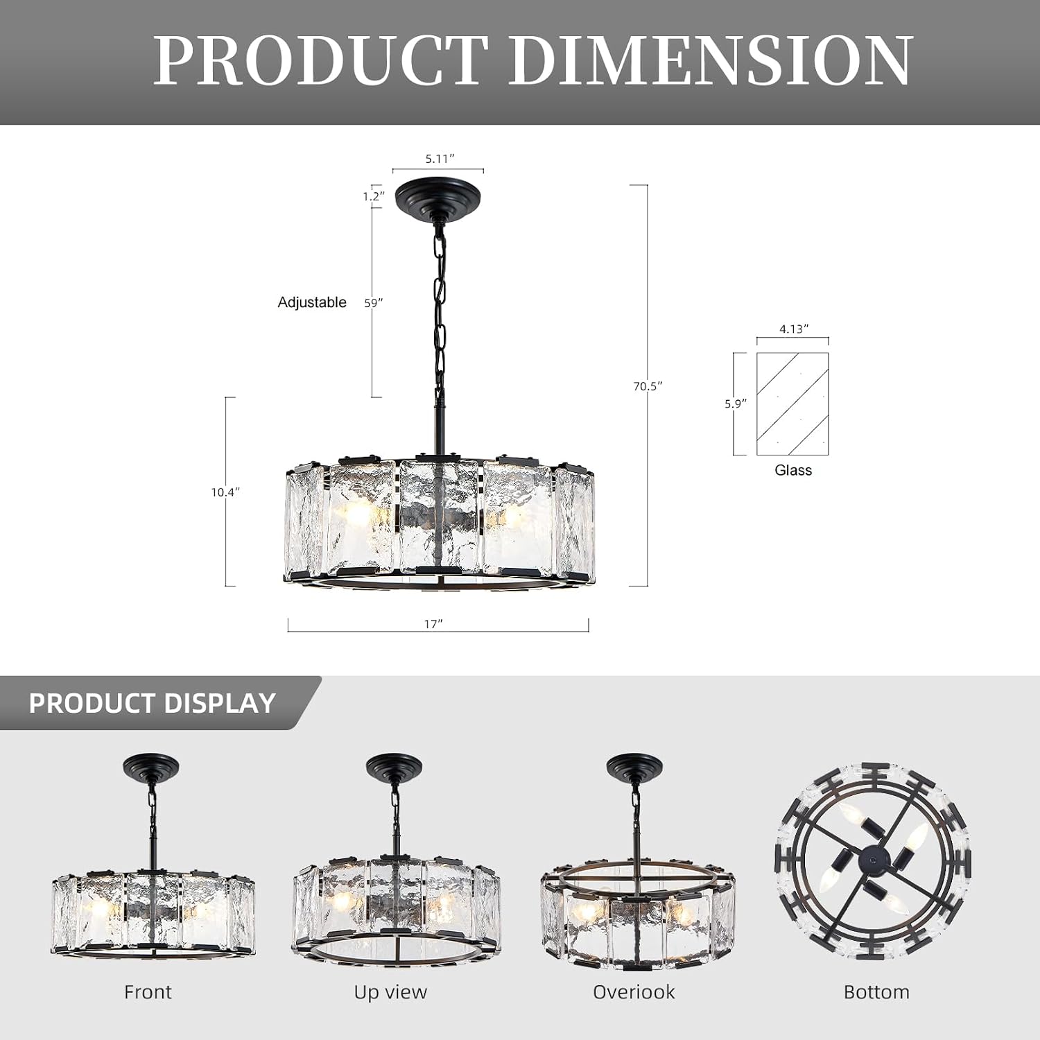 TAKEGO Black Glass Drum Chandeliers for Dining Room, 17" Gold Chandelier Dining Room Light Fixtures Over Table, Kitchen Chandelier Over Table Hanging Pendant Light Chandeliers for Entryway, Foyer