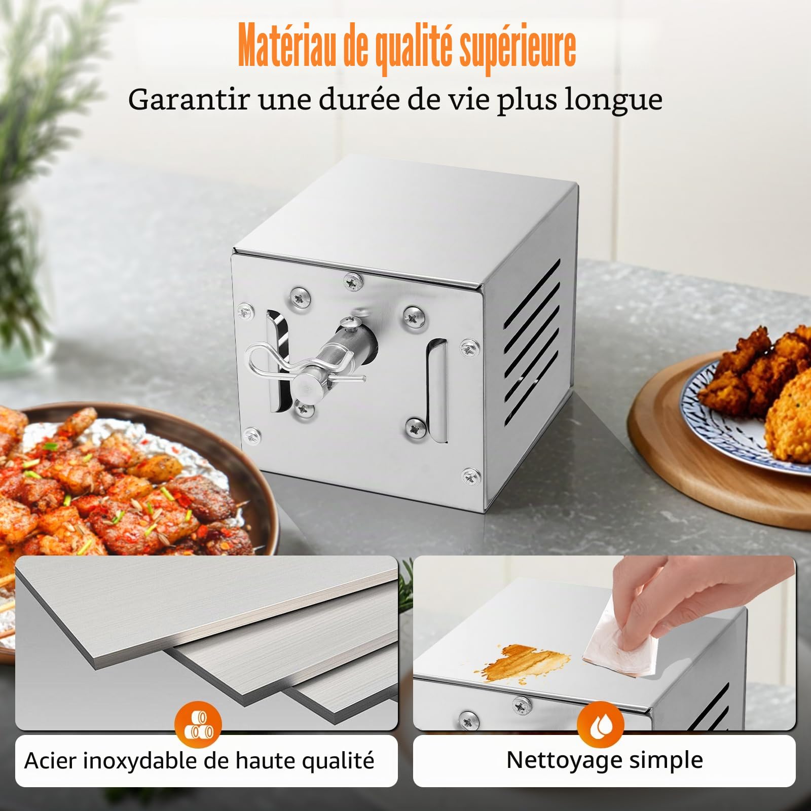 Moteur de barbecue en acier inoxydable 2,5 tr/min, pince à viande pour barbecue, couple max. 100 kg, tournebroche électrique, sens de rotation CW/CCW, accessoire de barbecue en acier