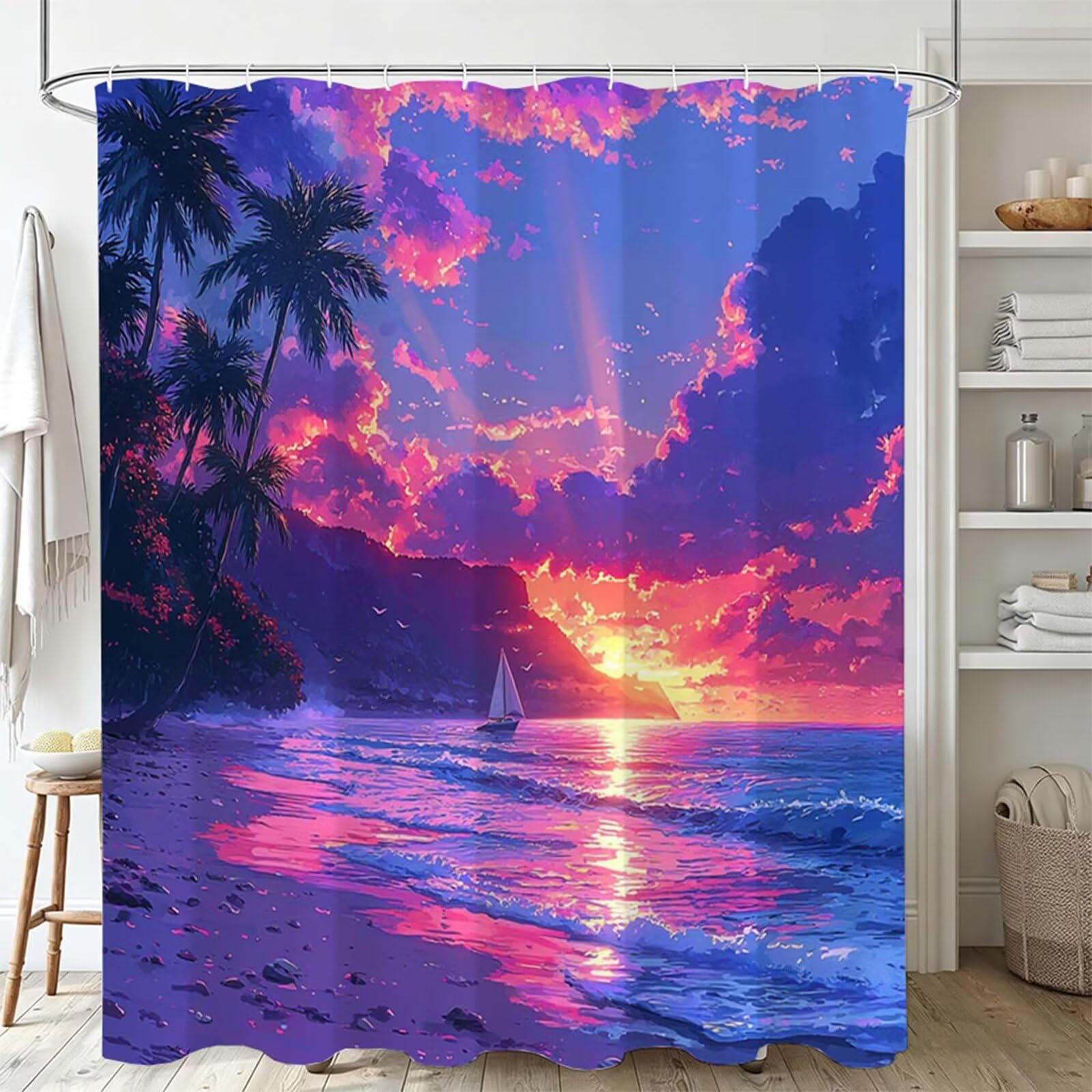 viola chiaro Tenda Doccia 200x200cm, Tenda per Doccia Tessuto Poliestere Impermeabile Asciugatura Rapida con 12 Anelli, Tende Finestra Bagno e Vasca Pieghevole Shower Curtain Vista mare J-642