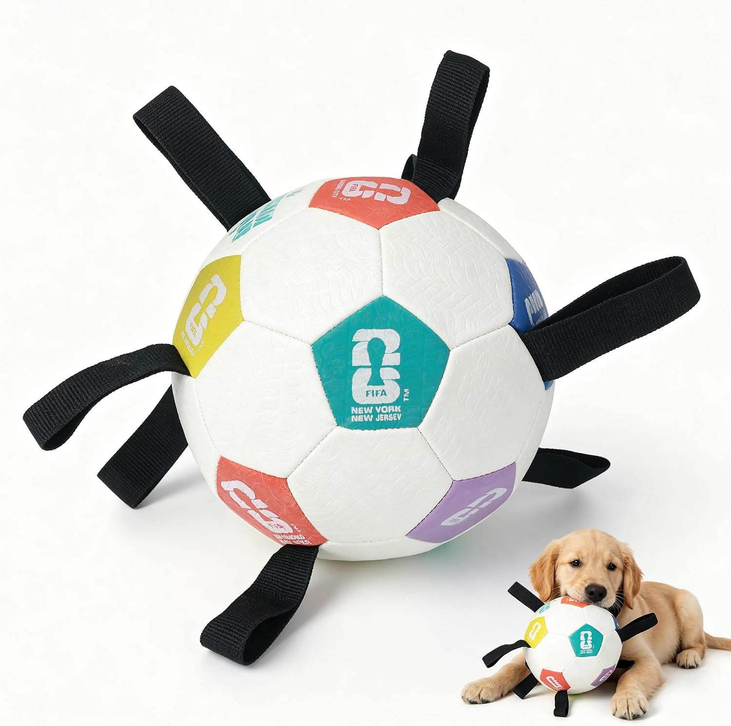 FIFA® Licensed 6 Inch Dog Soccer Ball with Straps, Dog Tug Ball | Durable, Water playing, for all breeds dogs, for soccer fans